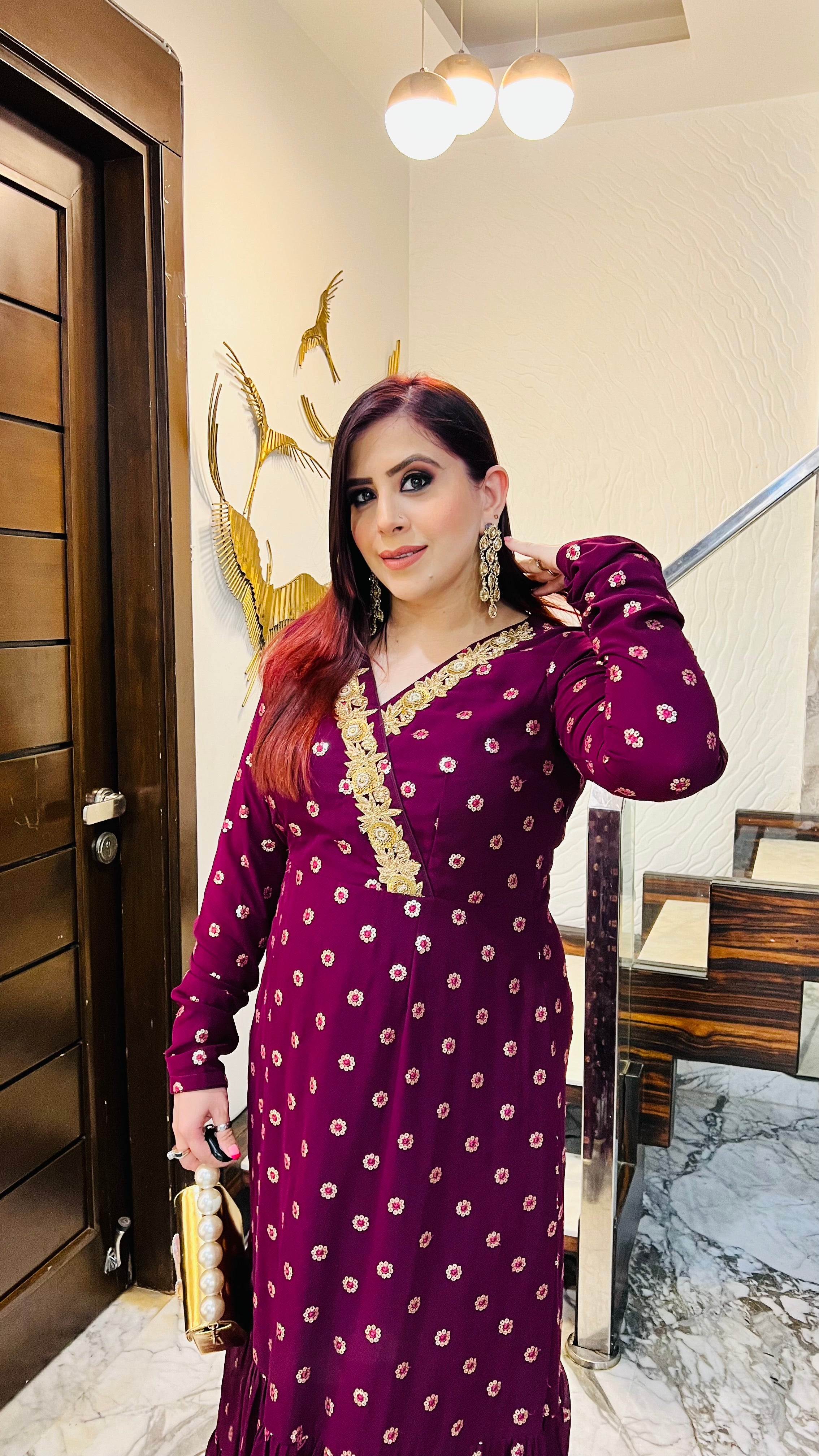 Wine Embroidered Ethnic Maxi