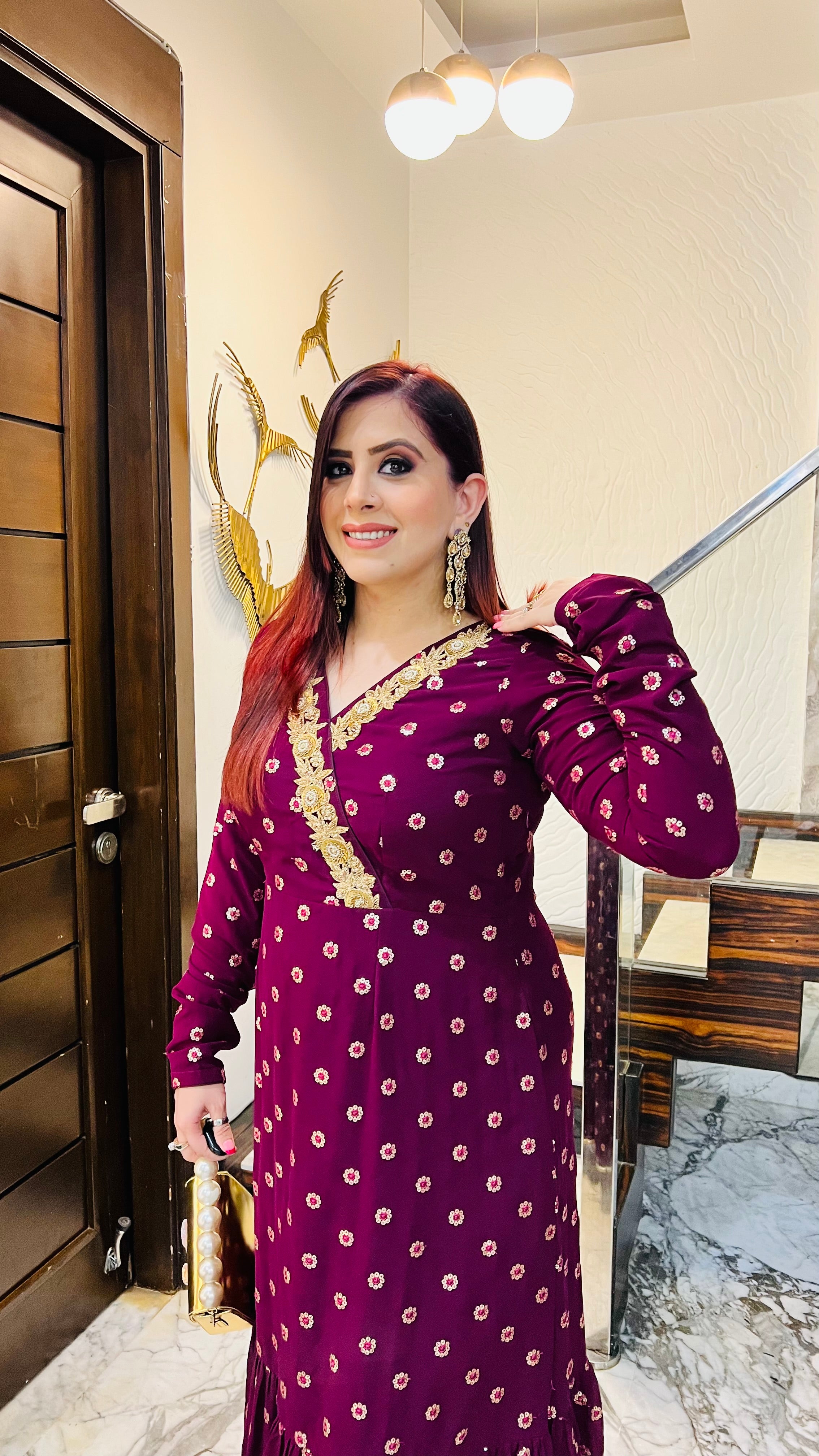 Wine Embroidered Ethnic Maxi