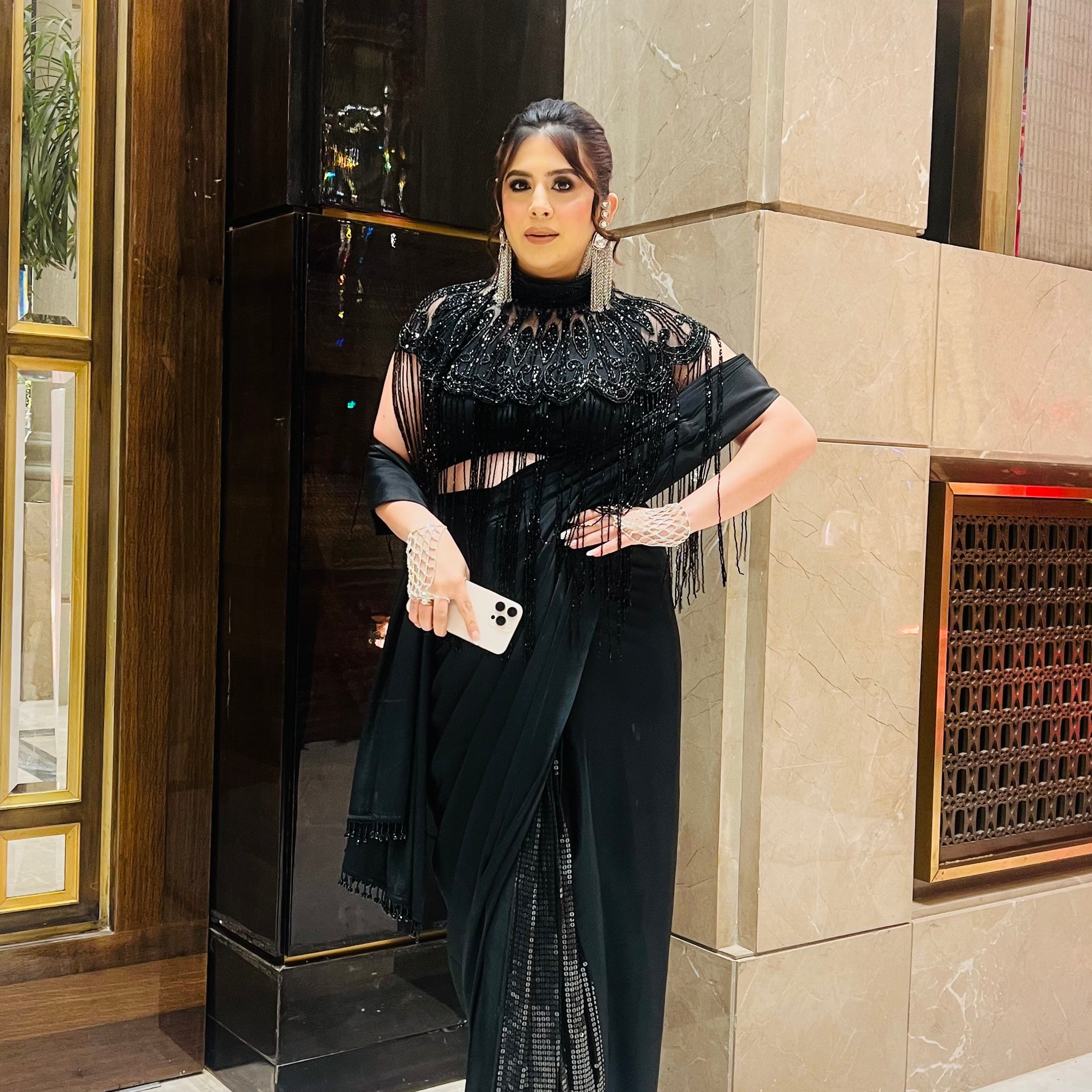 Black Fringe Cape Saree