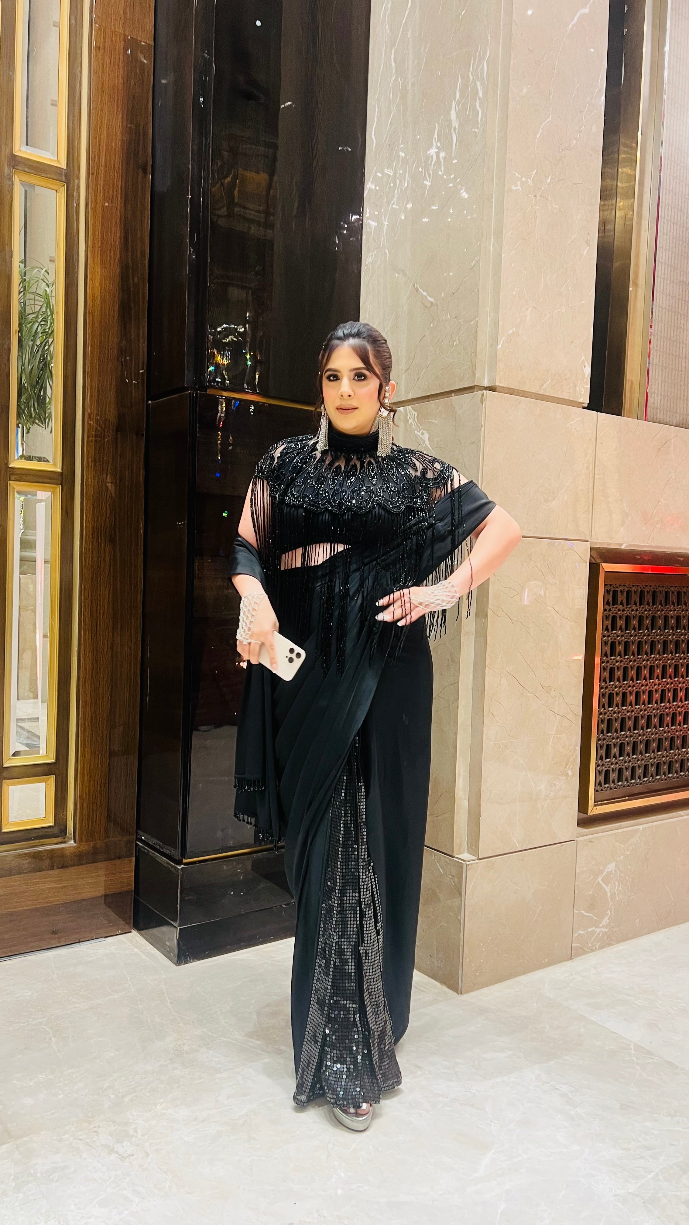 Black Fringe Cape Saree