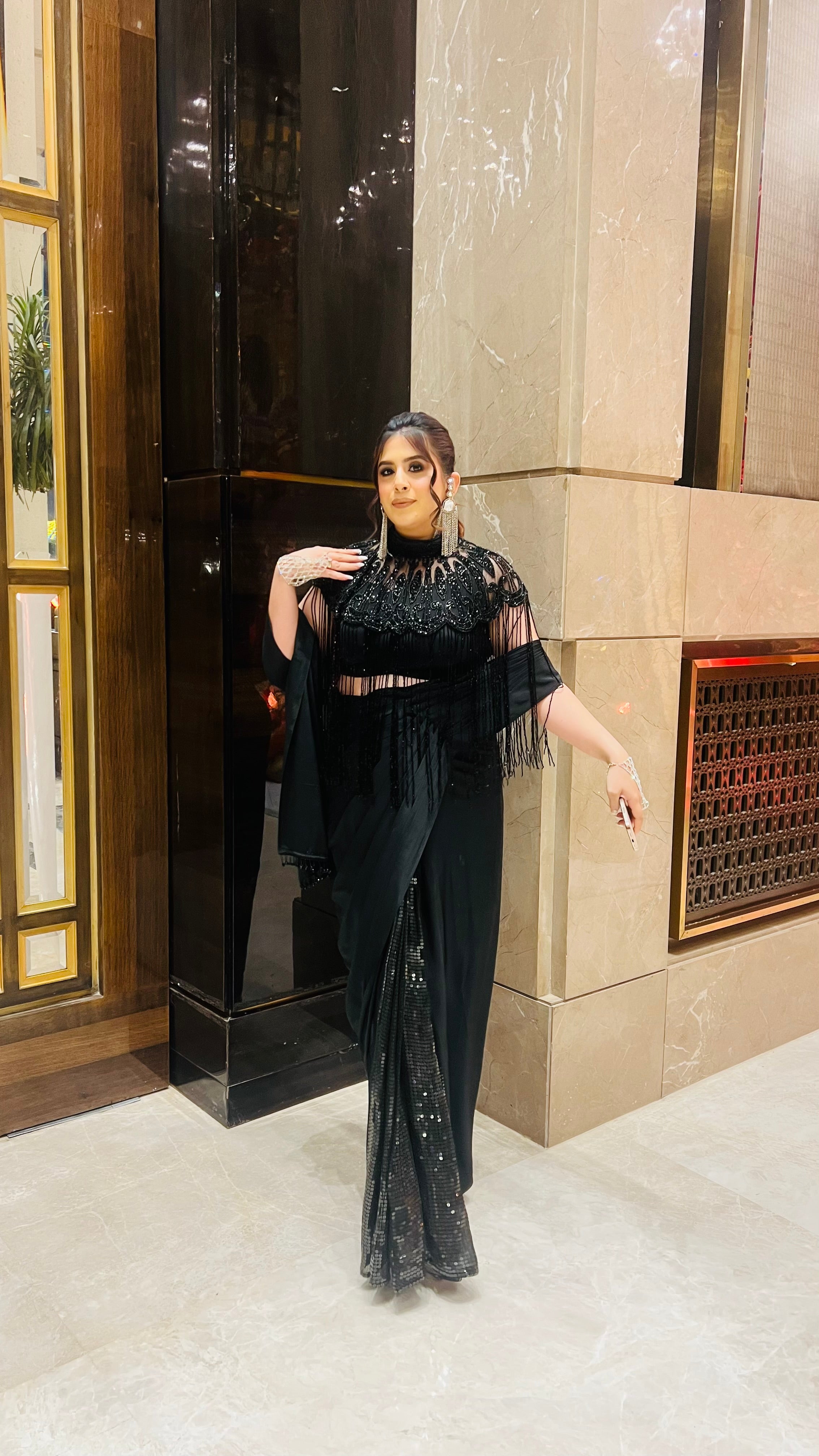 Black Fringe Cape Saree