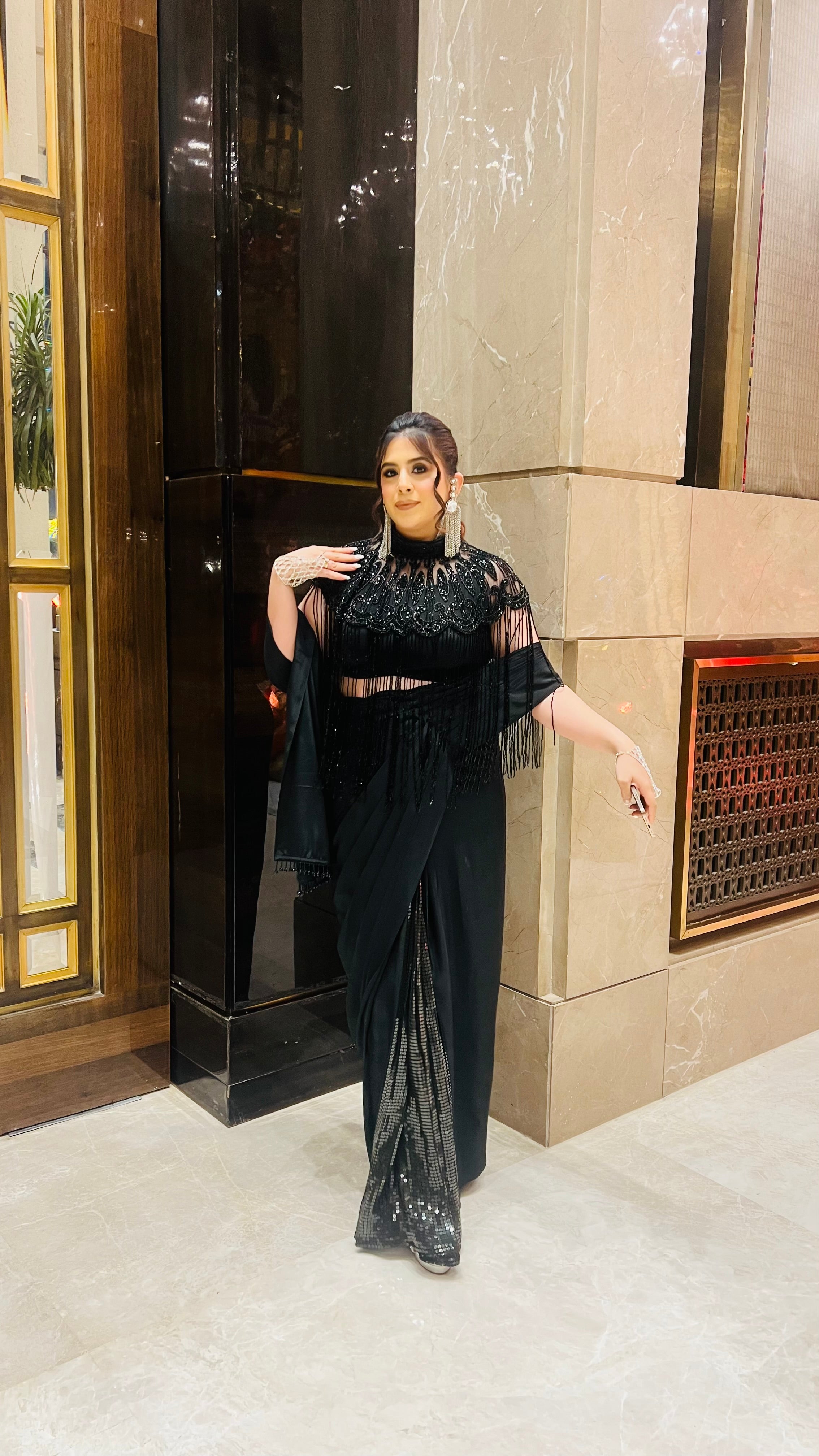 Black Fringe Cape Saree