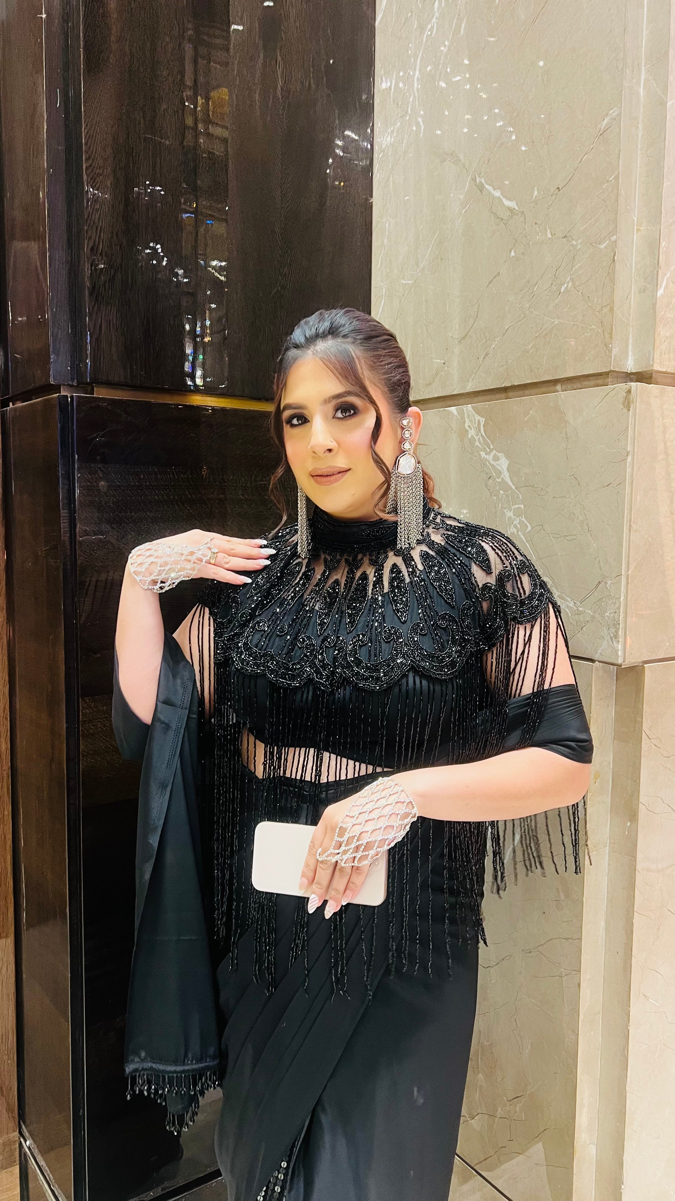 Black Fringe Cape Saree