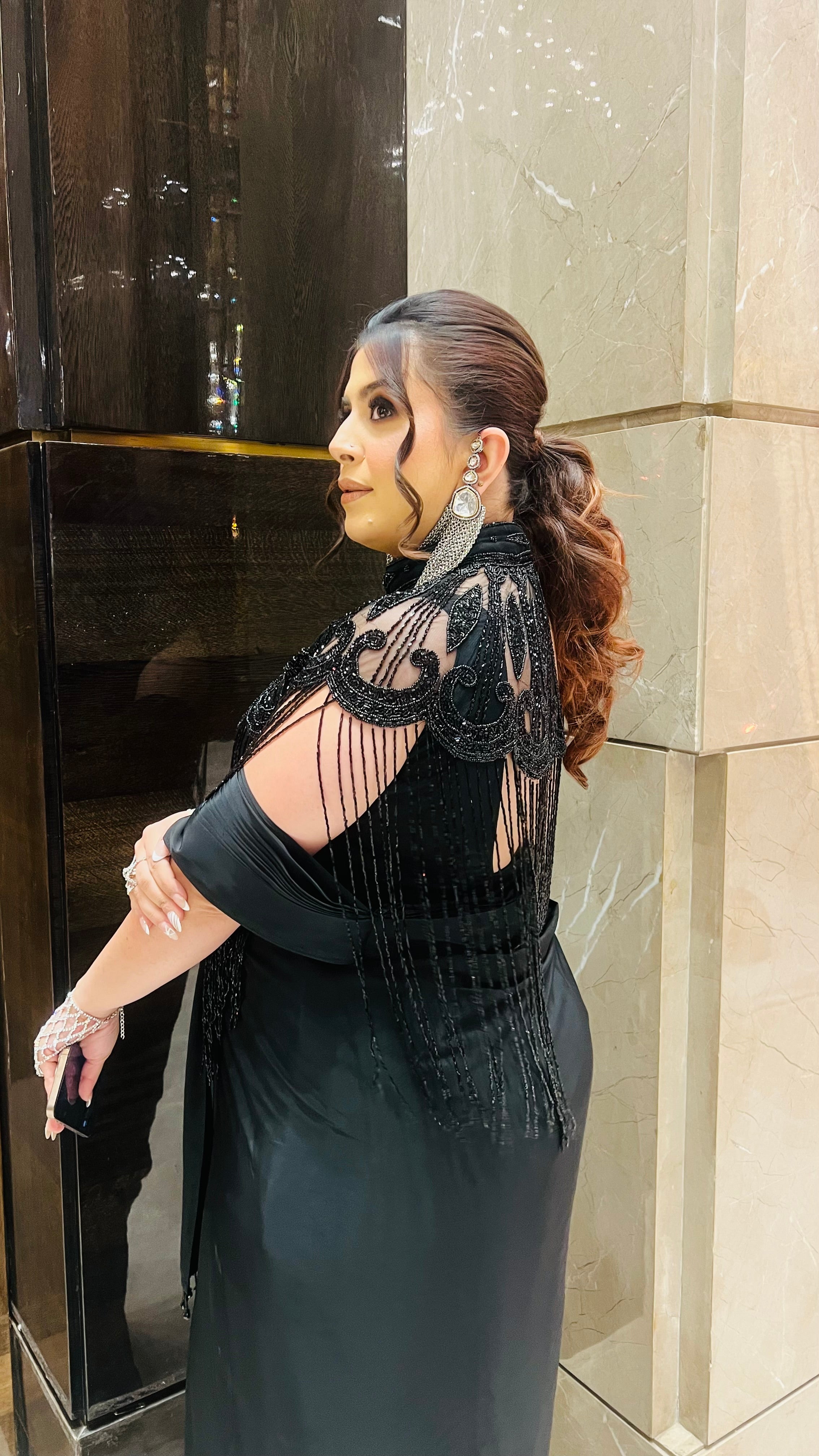 Black Fringe Cape Saree