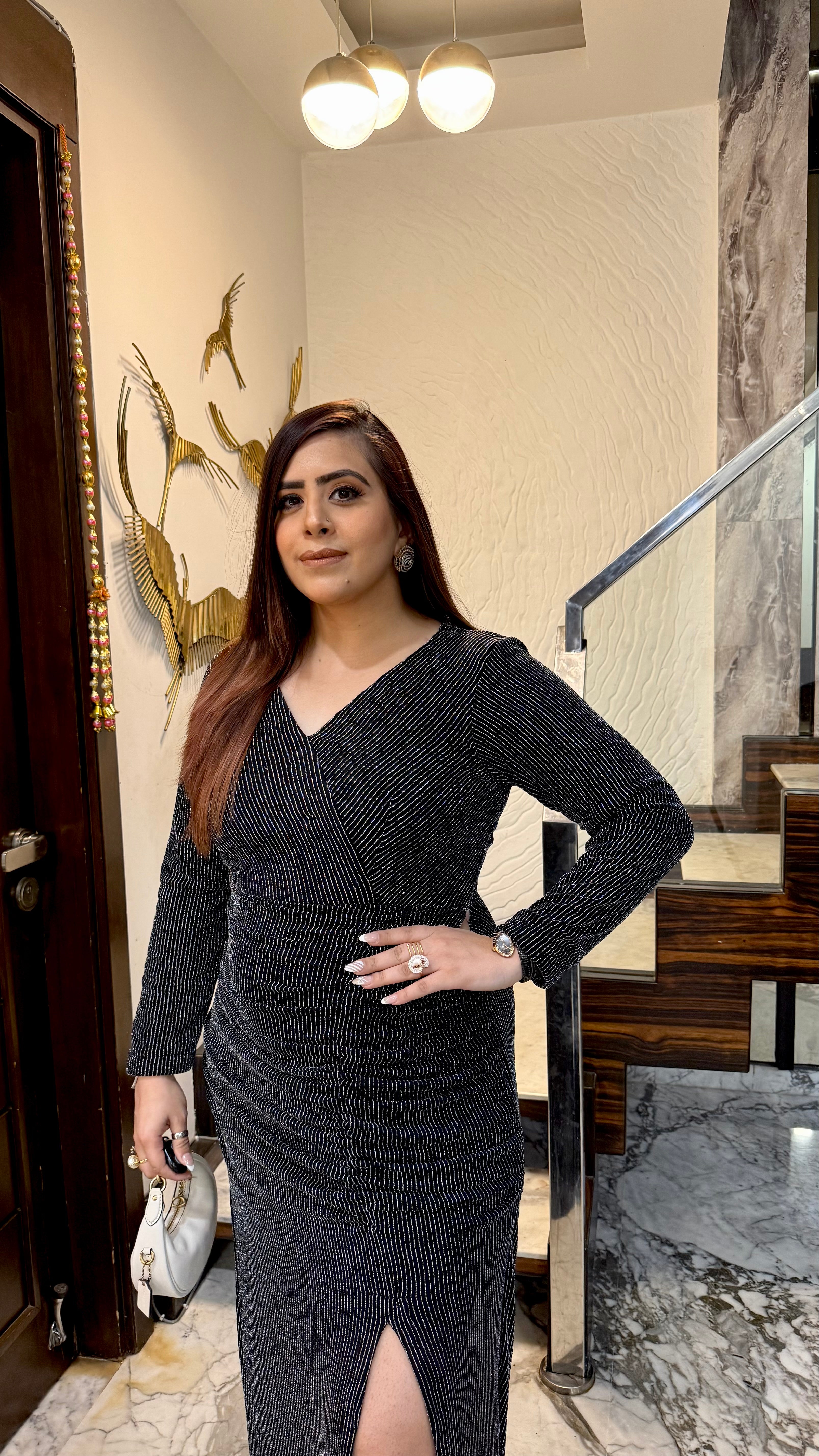 Black Glitter Drape Gown