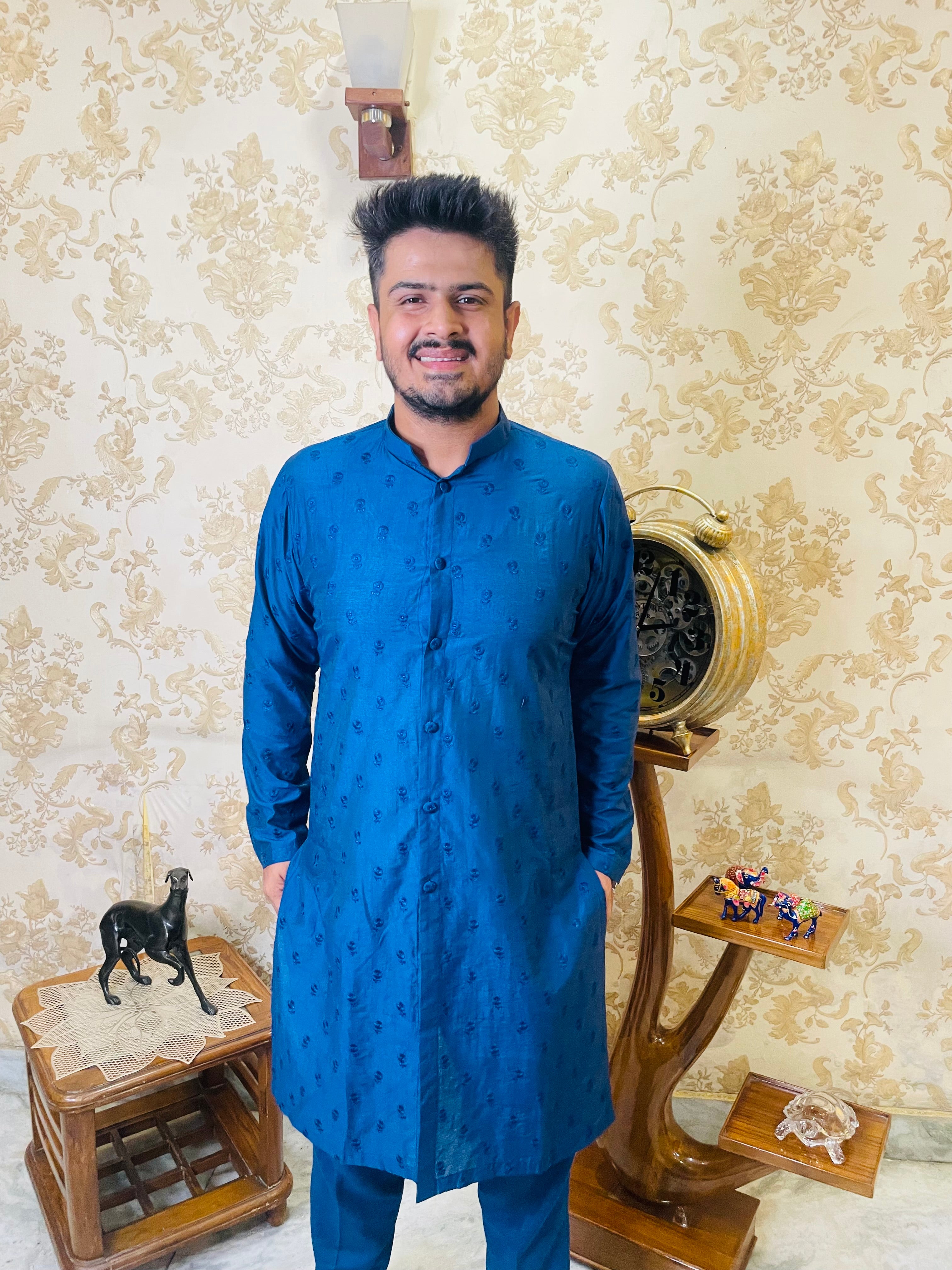Menswear Electric Blue Rakhi Kurta Set