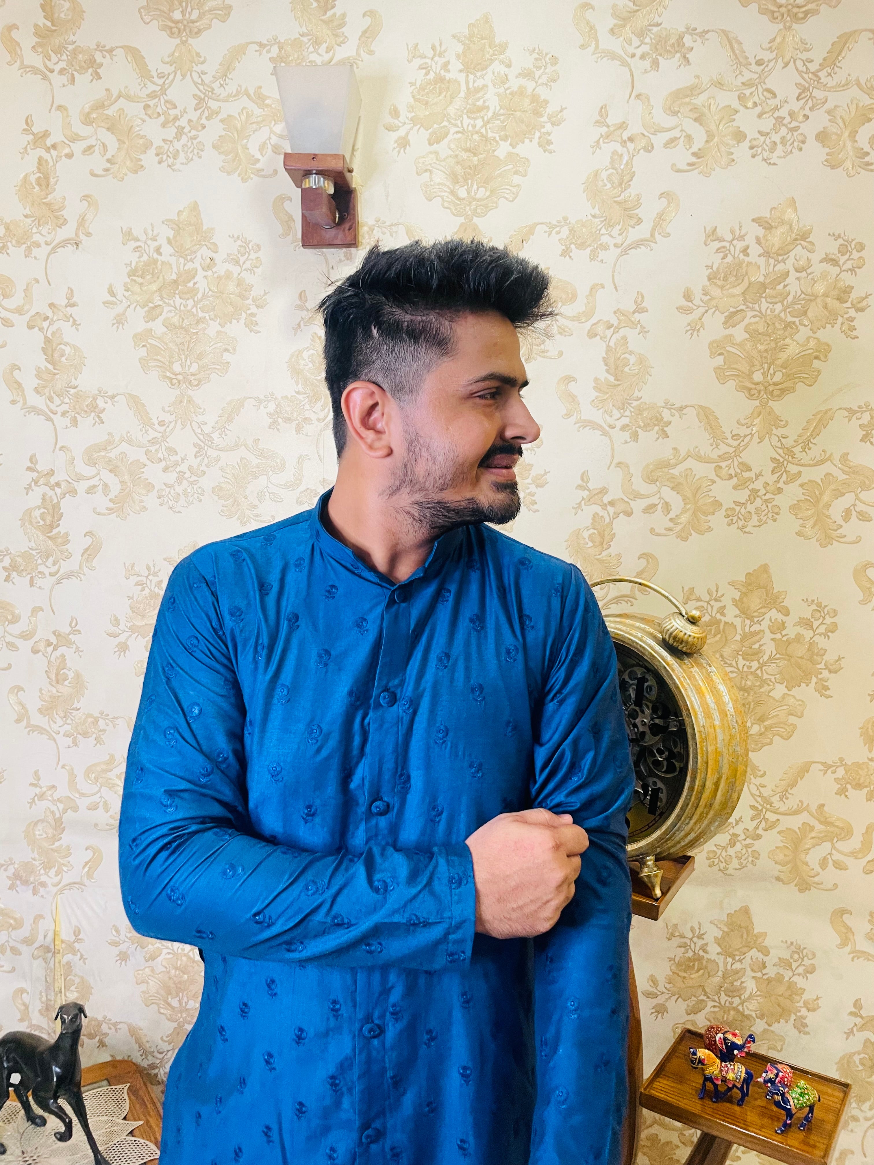 Menswear Electric Blue Rakhi Kurta Set