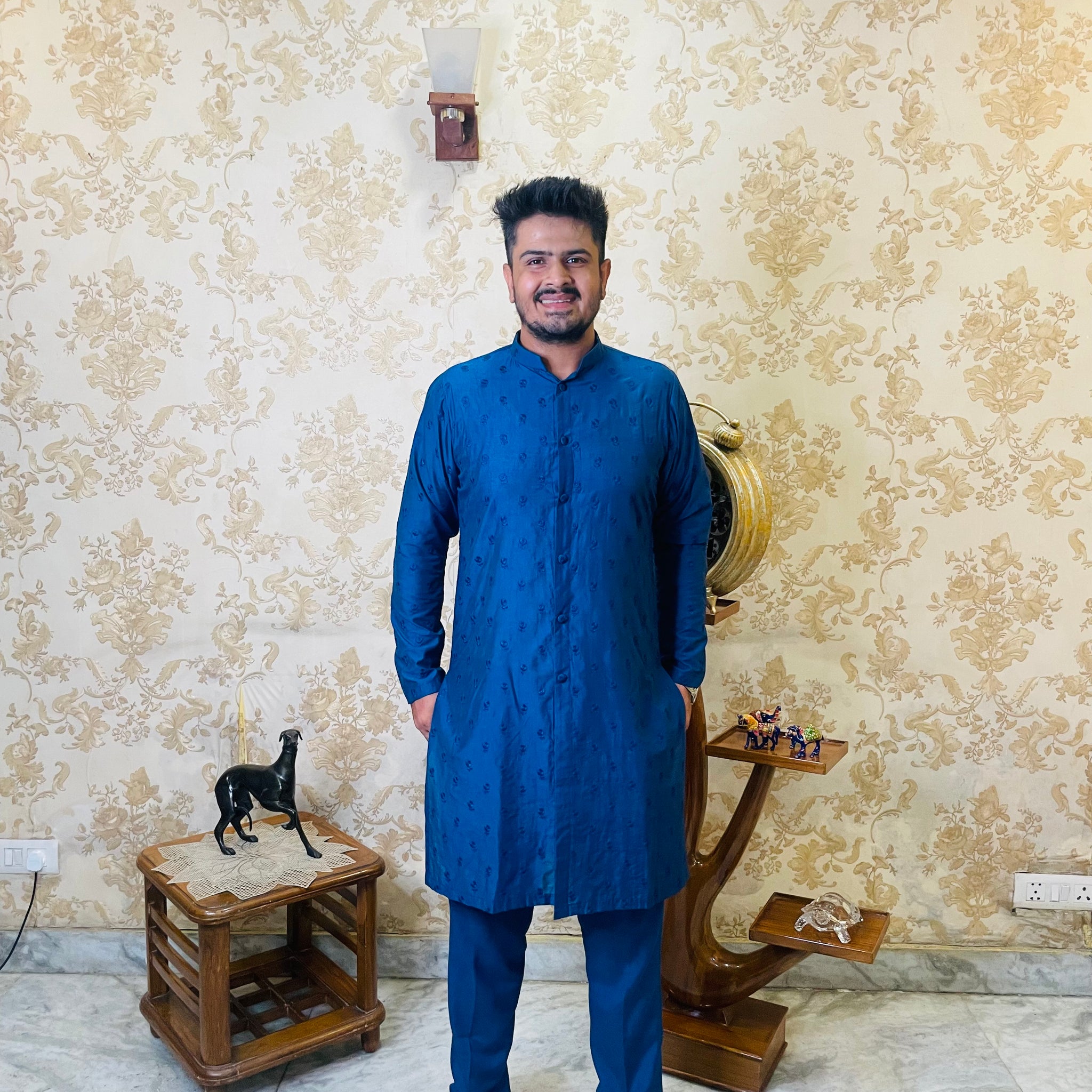 Menswear Electric Blue Rakhi Kurta Set