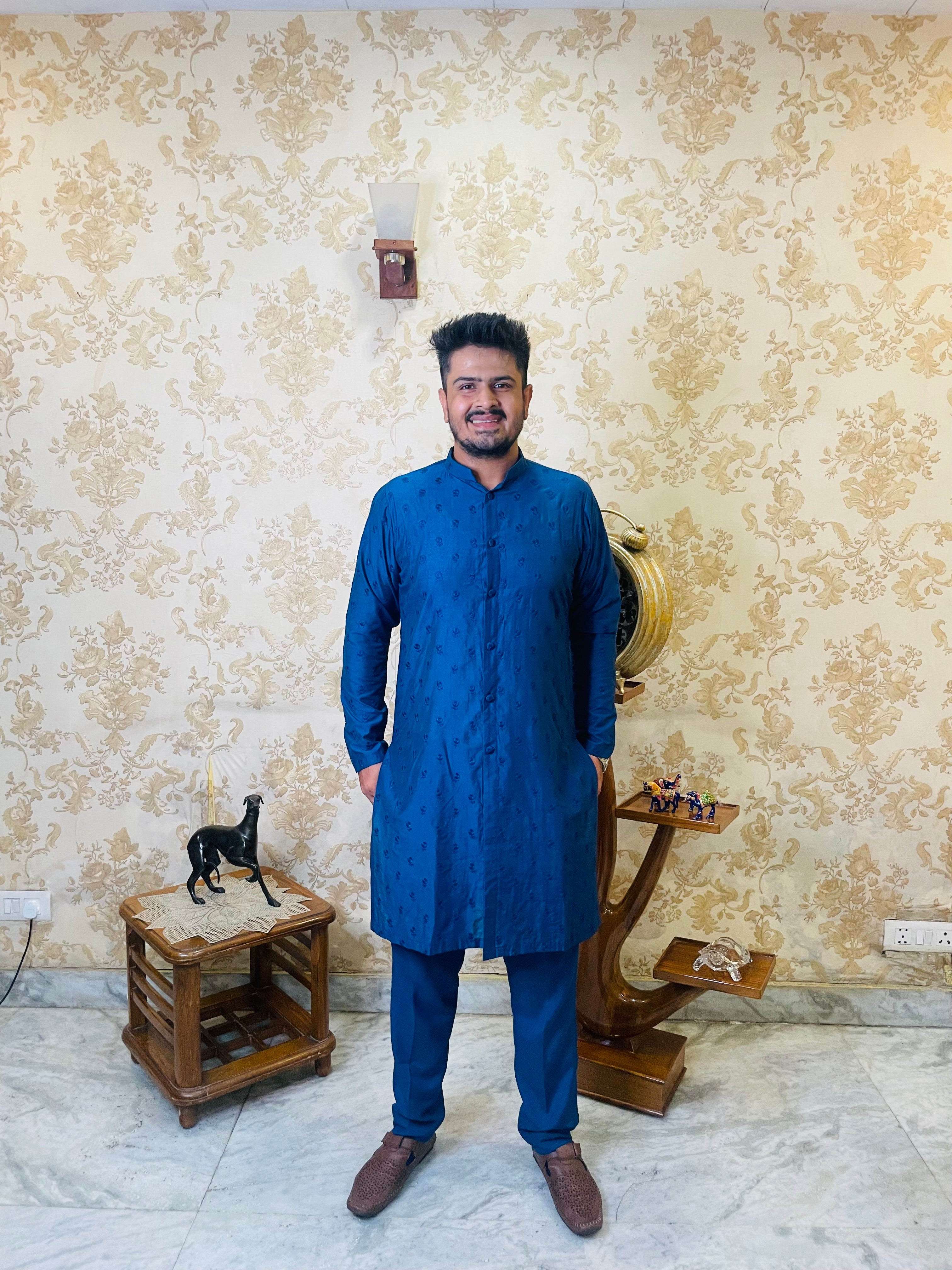 Menswear Electric Blue Rakhi Kurta Set