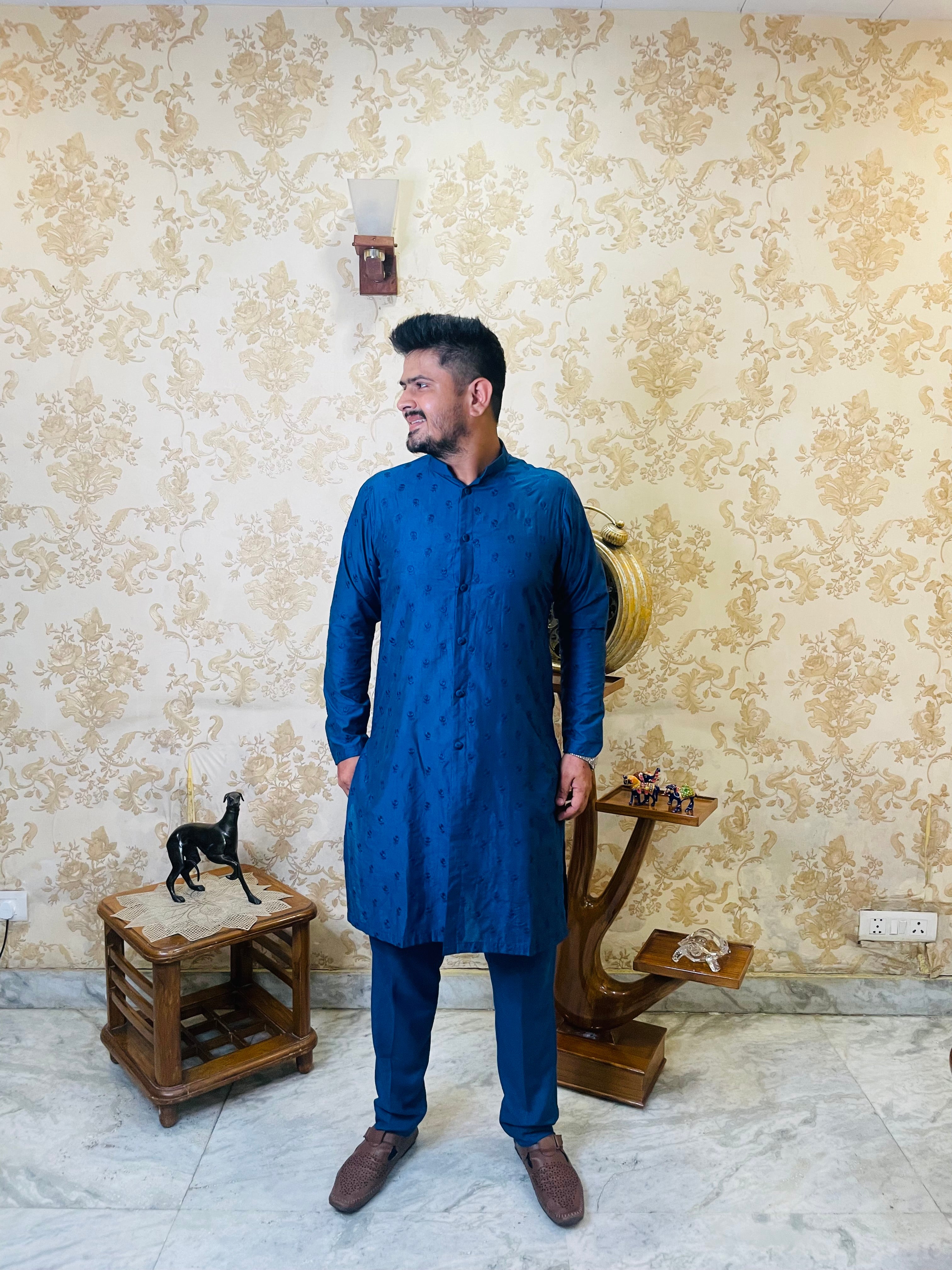 Menswear Electric Blue Rakhi Kurta Set