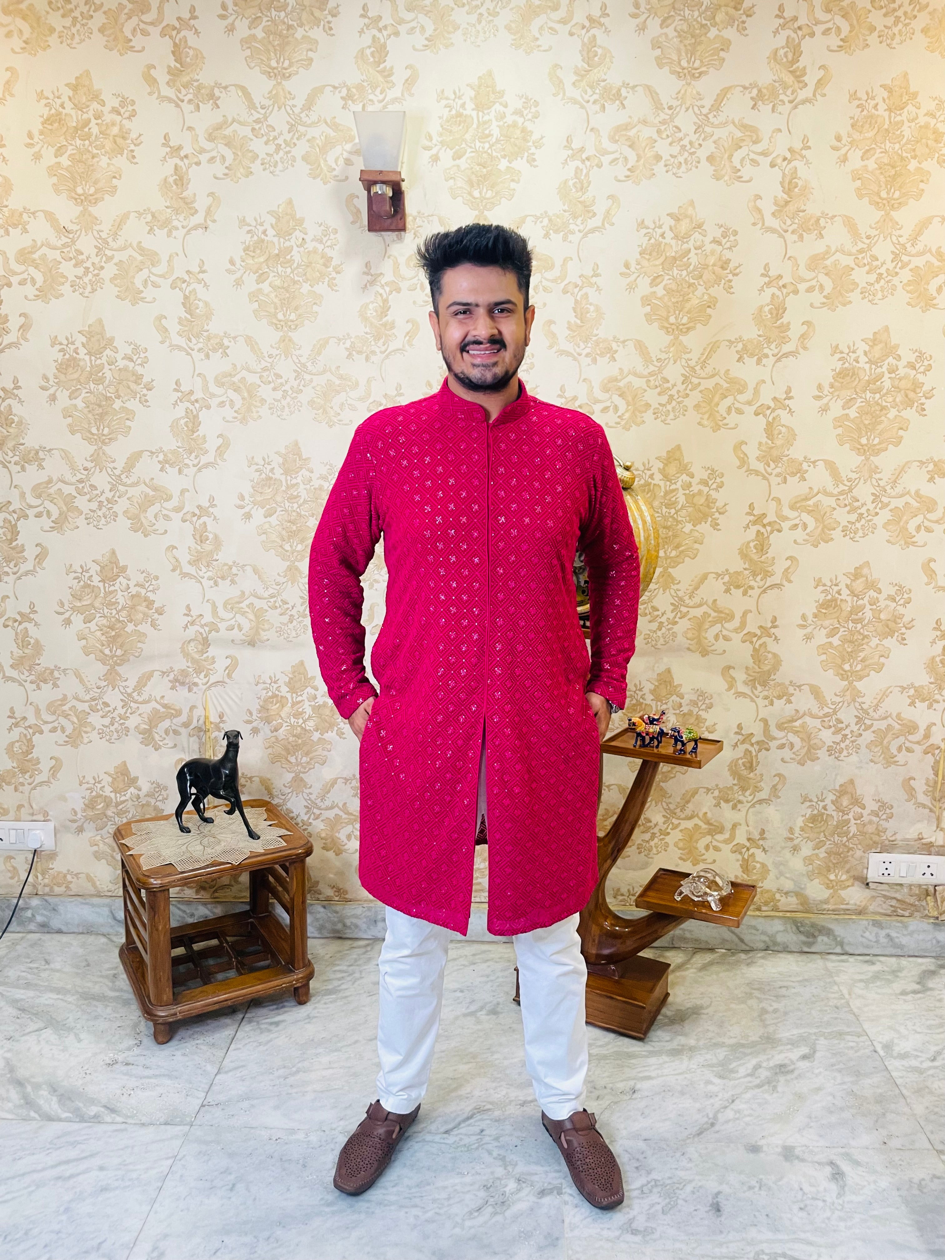 Menswear Hot Pink Rakhi Kurta Set