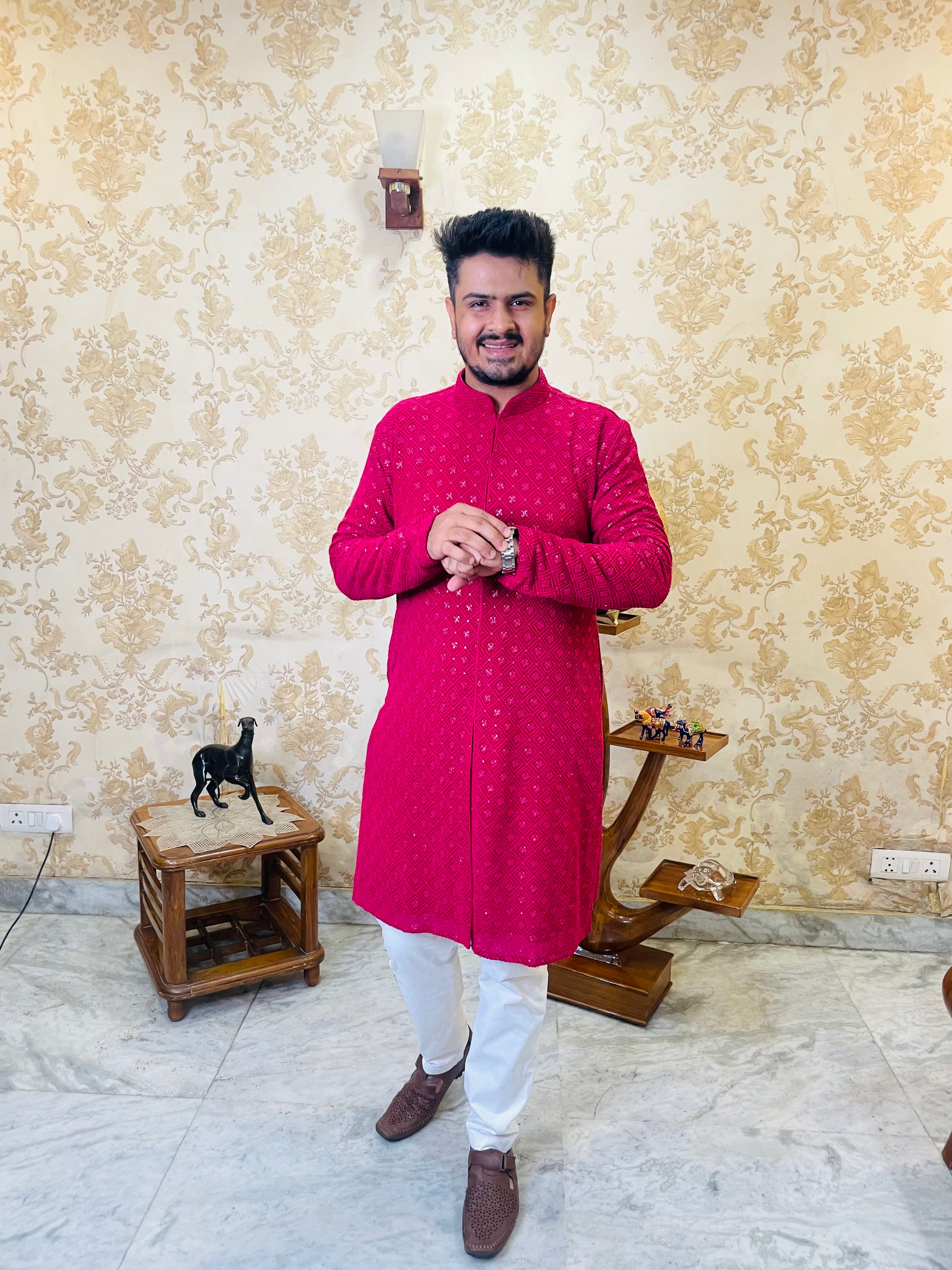 Menswear Hot Pink Rakhi Kurta Set