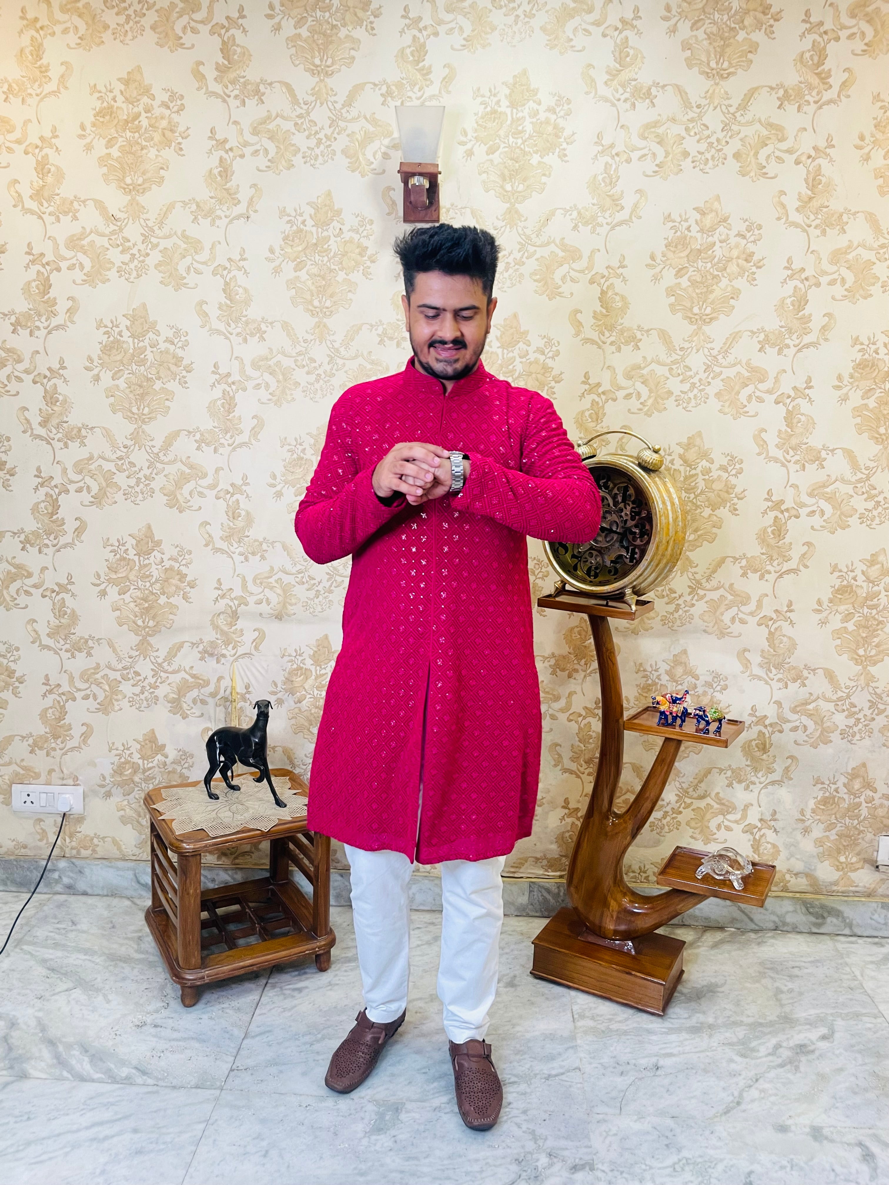 Menswear Hot Pink Rakhi Kurta Set