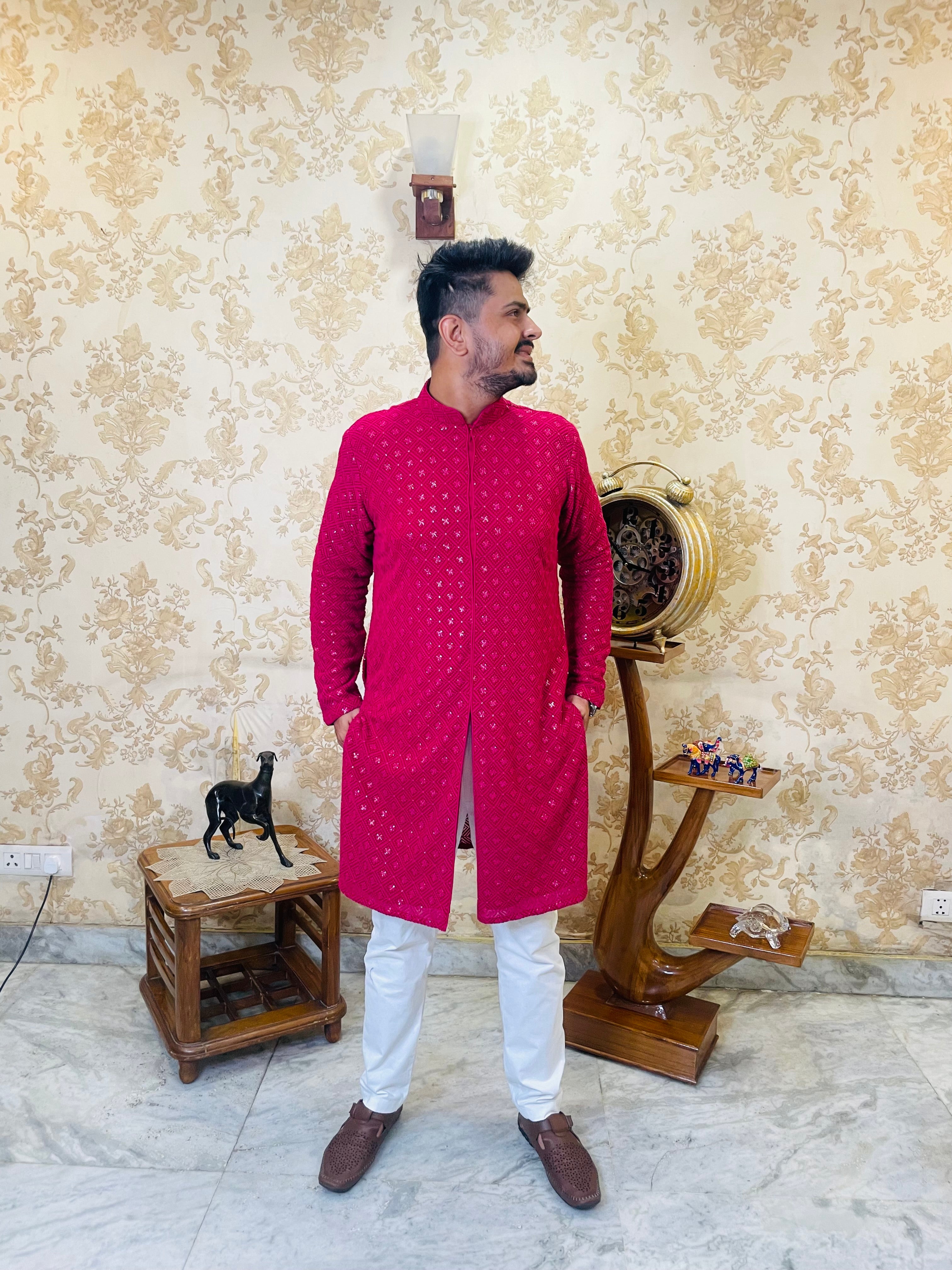 Menswear Hot Pink Rakhi Kurta Set