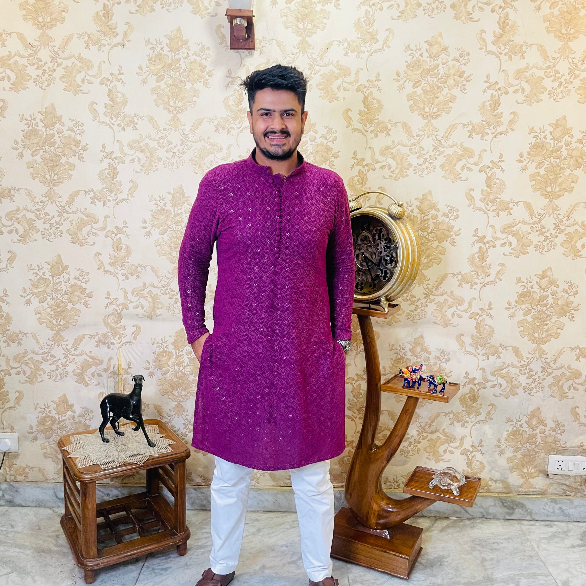 Menswear Wine Rakhi Kurta Set