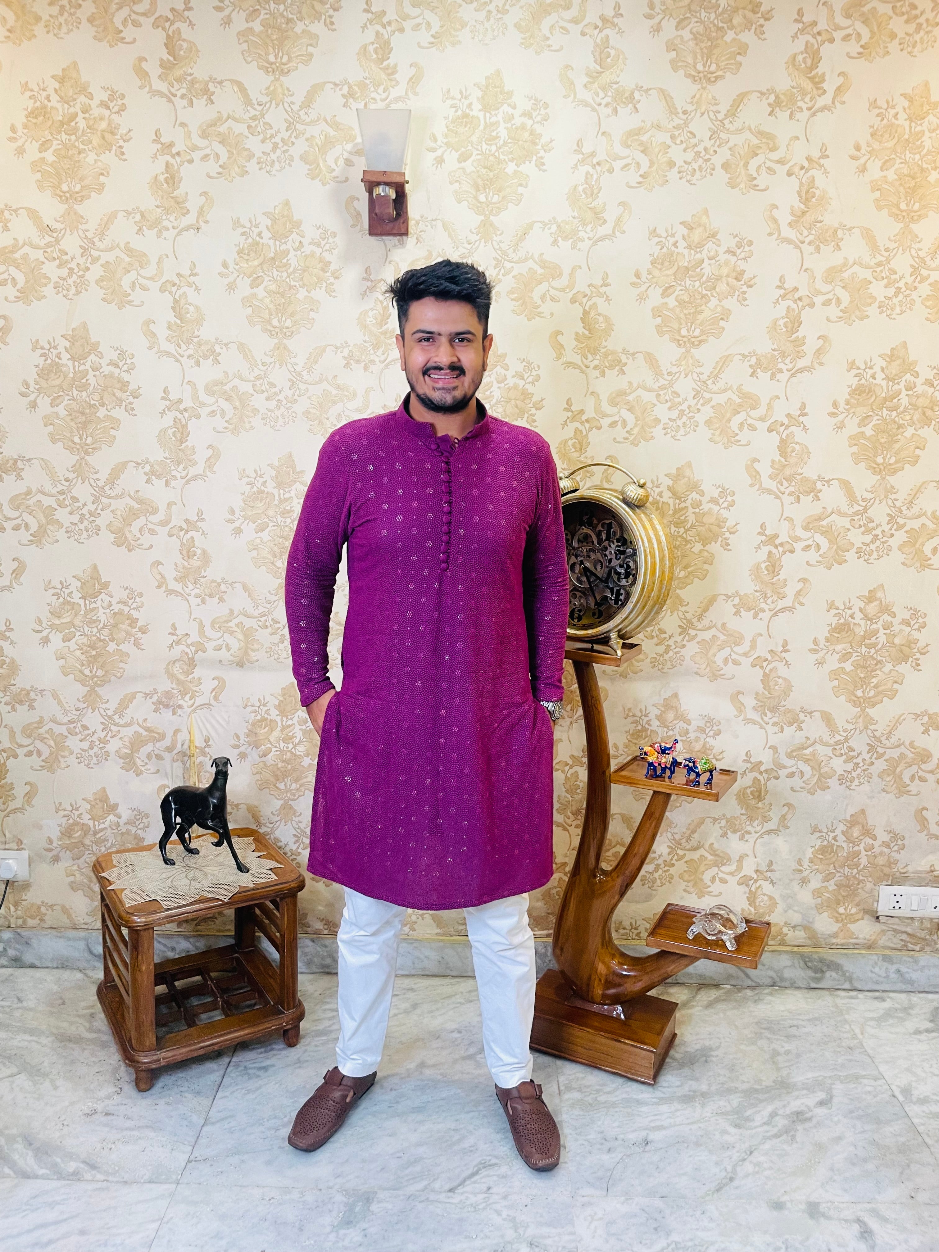Menswear Wine Rakhi Kurta Set