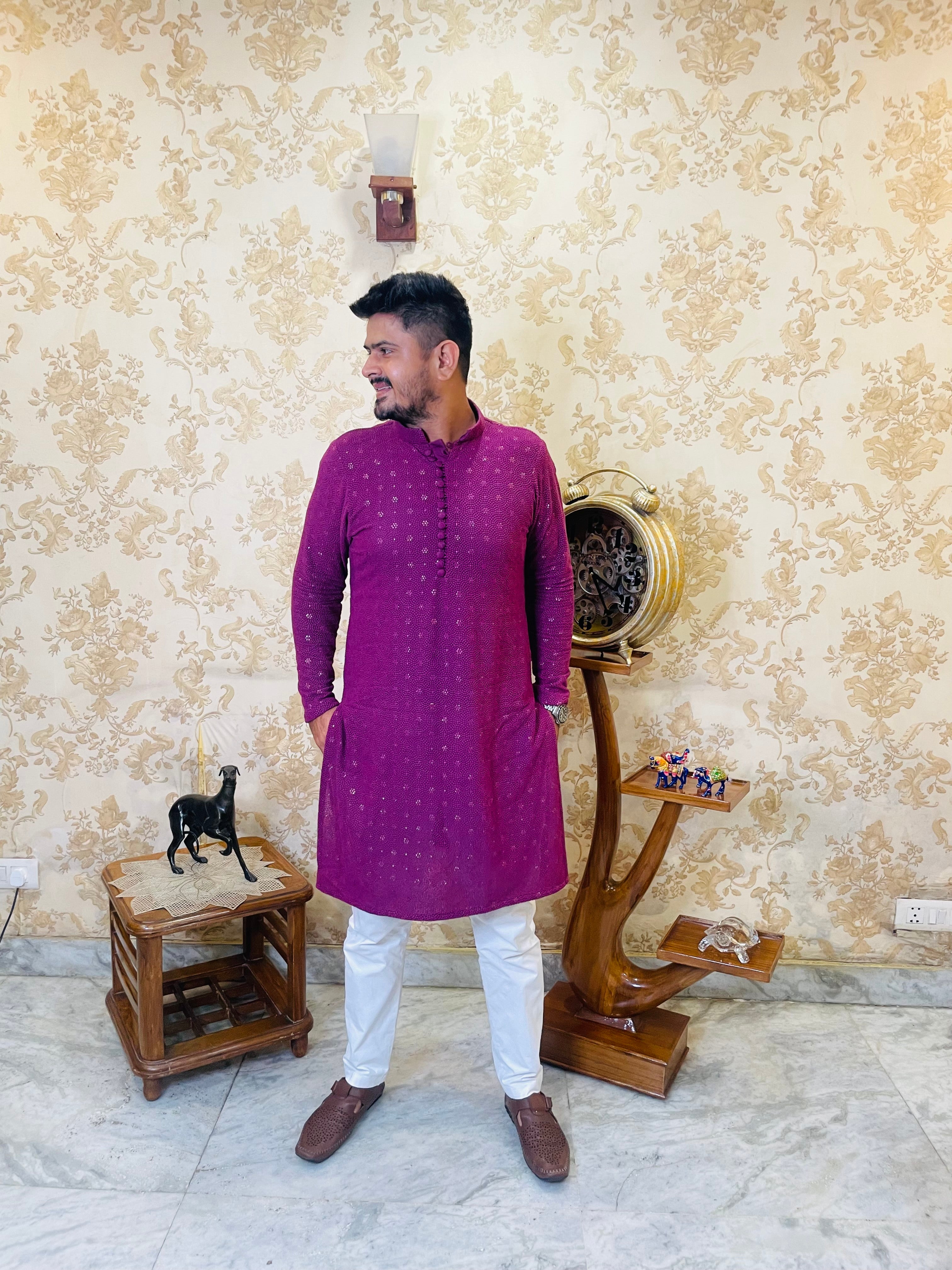 Menswear Wine Rakhi Kurta Set