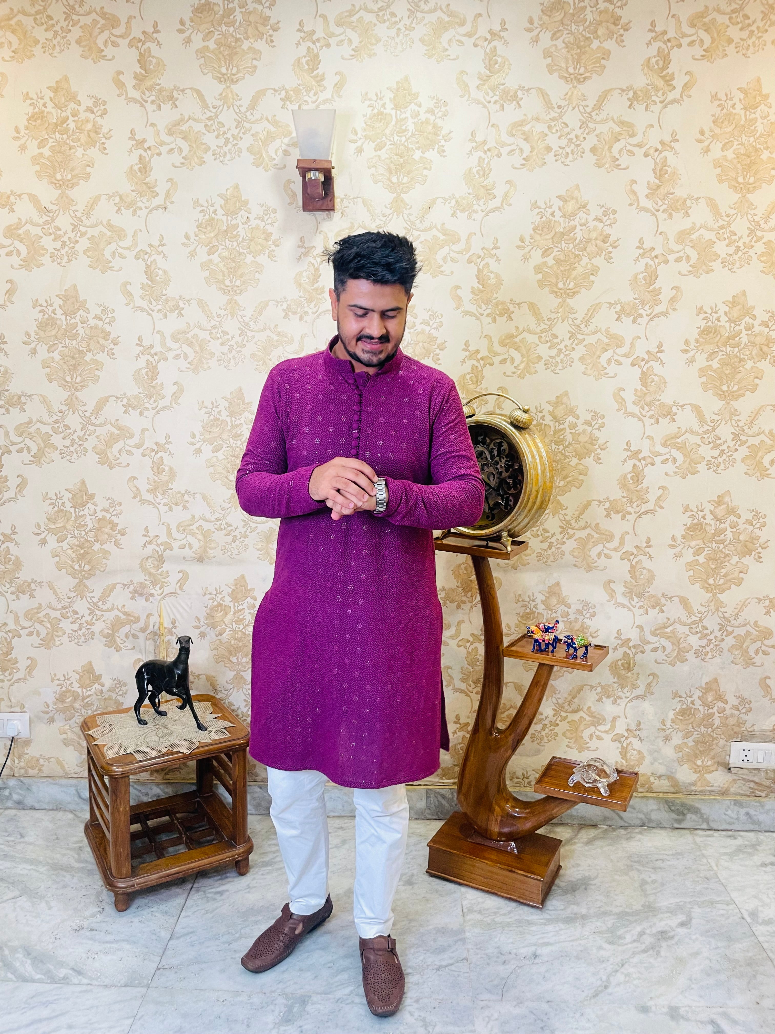 Menswear Wine Rakhi Kurta Set