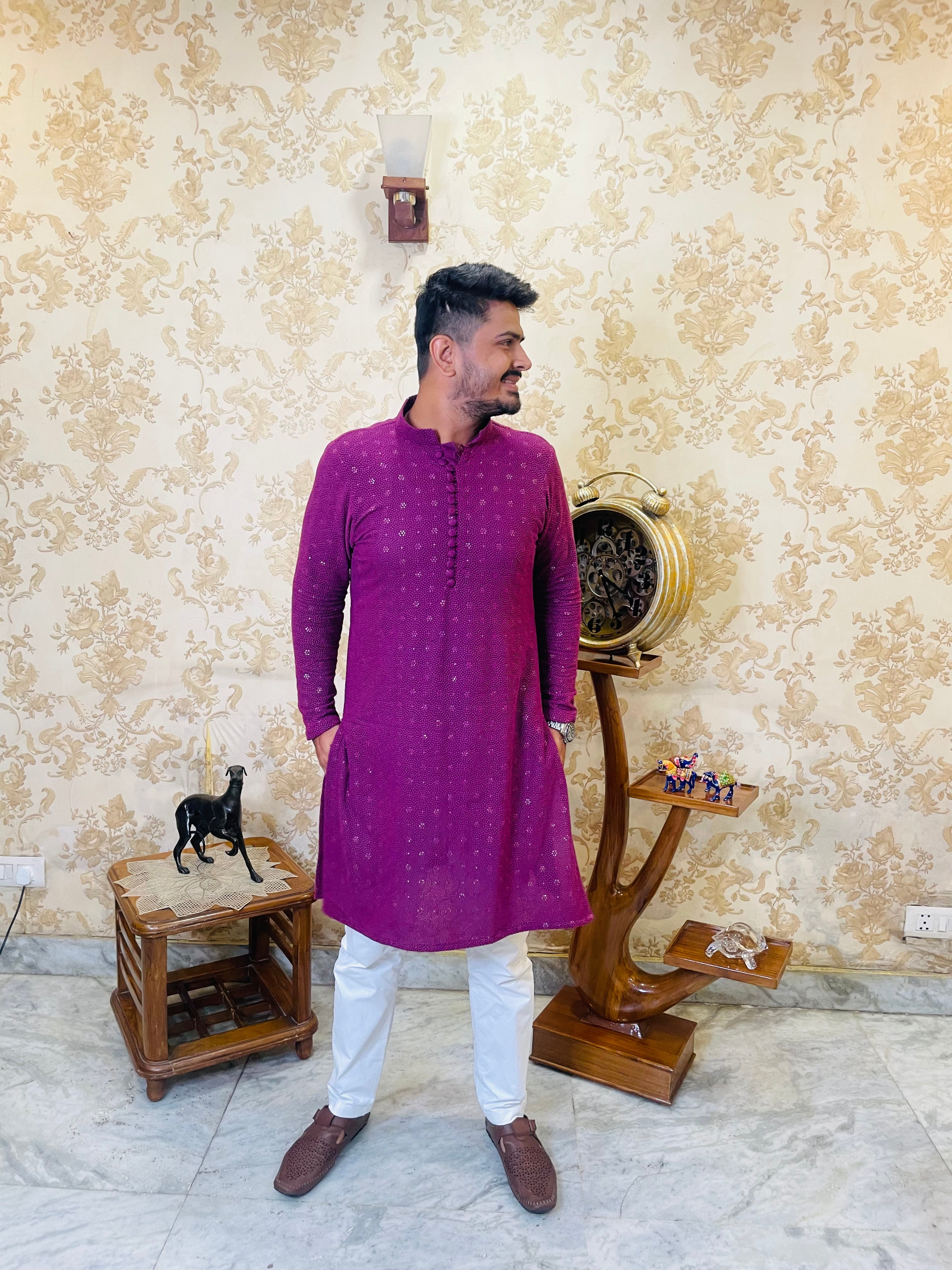 Menswear Wine Rakhi Kurta Set