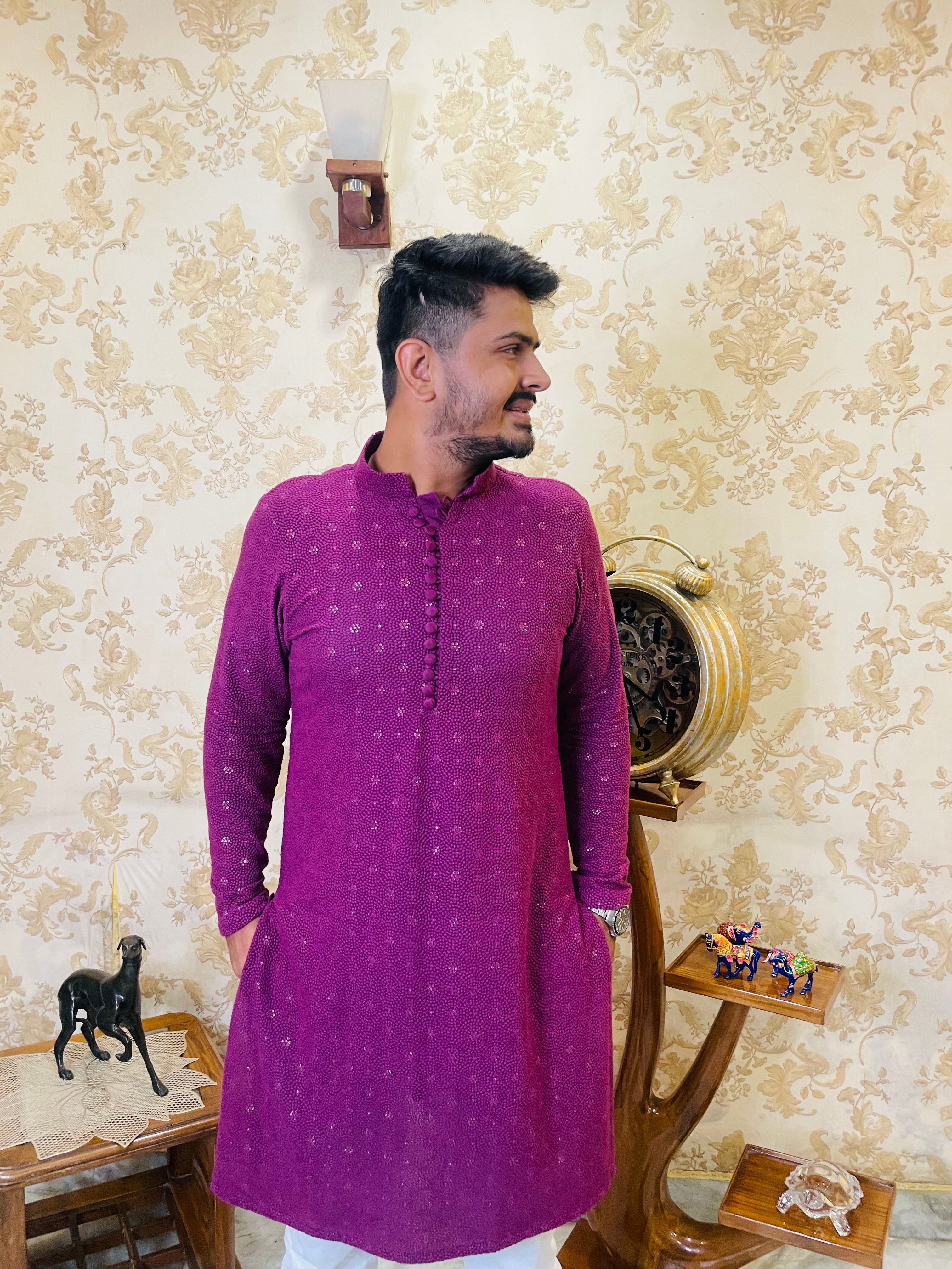 Menswear Wine Rakhi Kurta Set