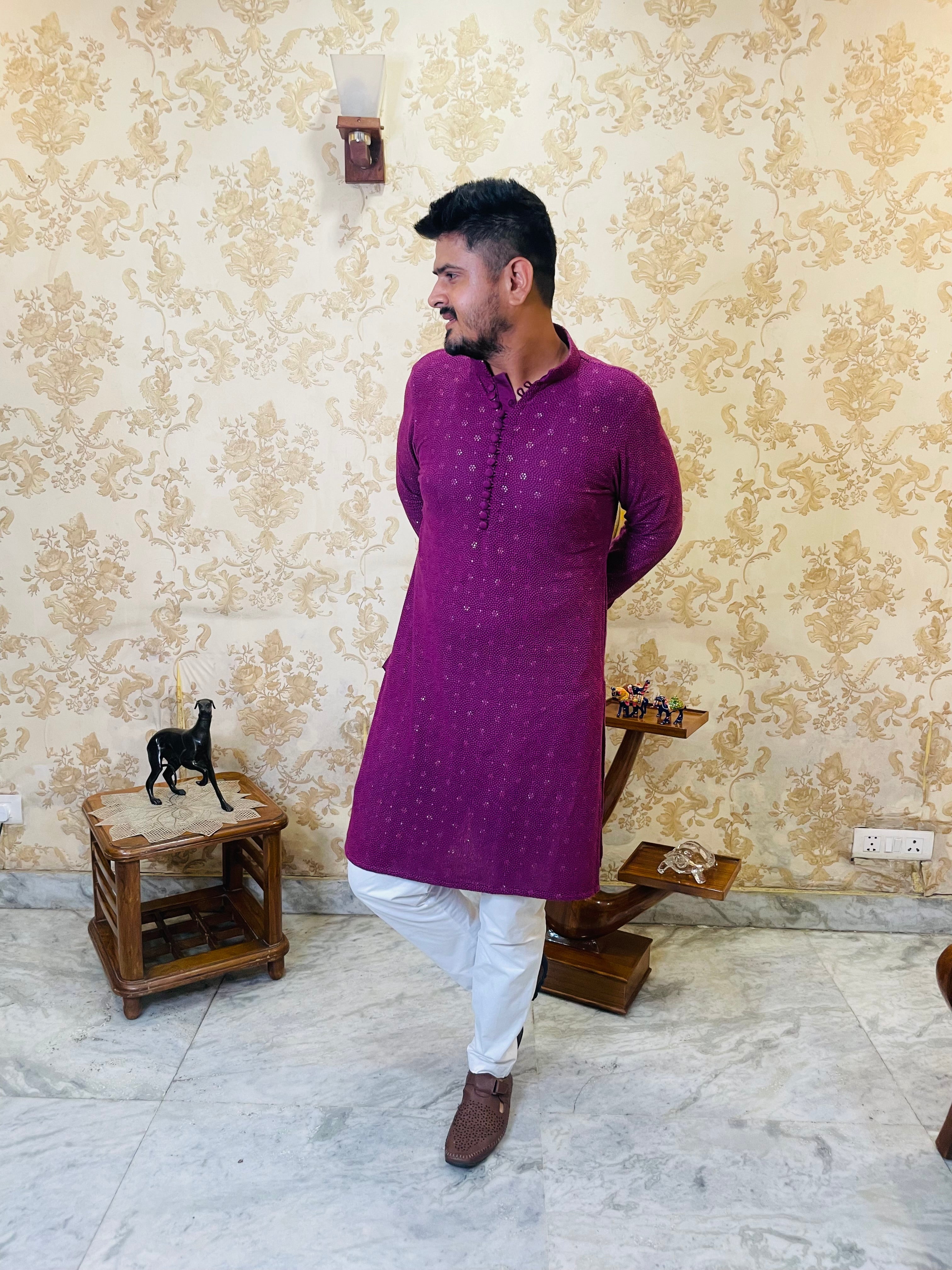 Menswear Wine Rakhi Kurta Set