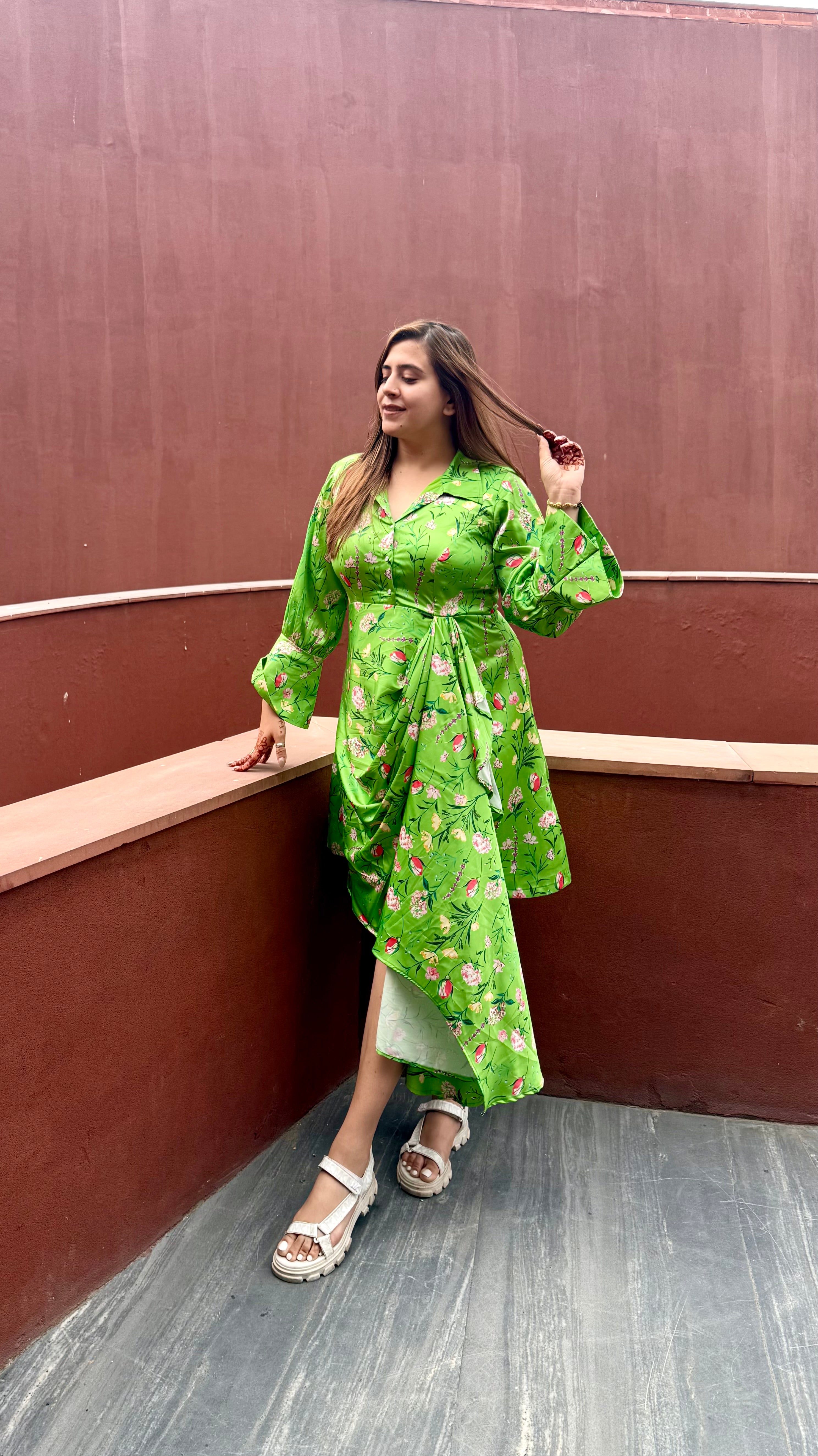 Parrot Green Satin Shirt Dress