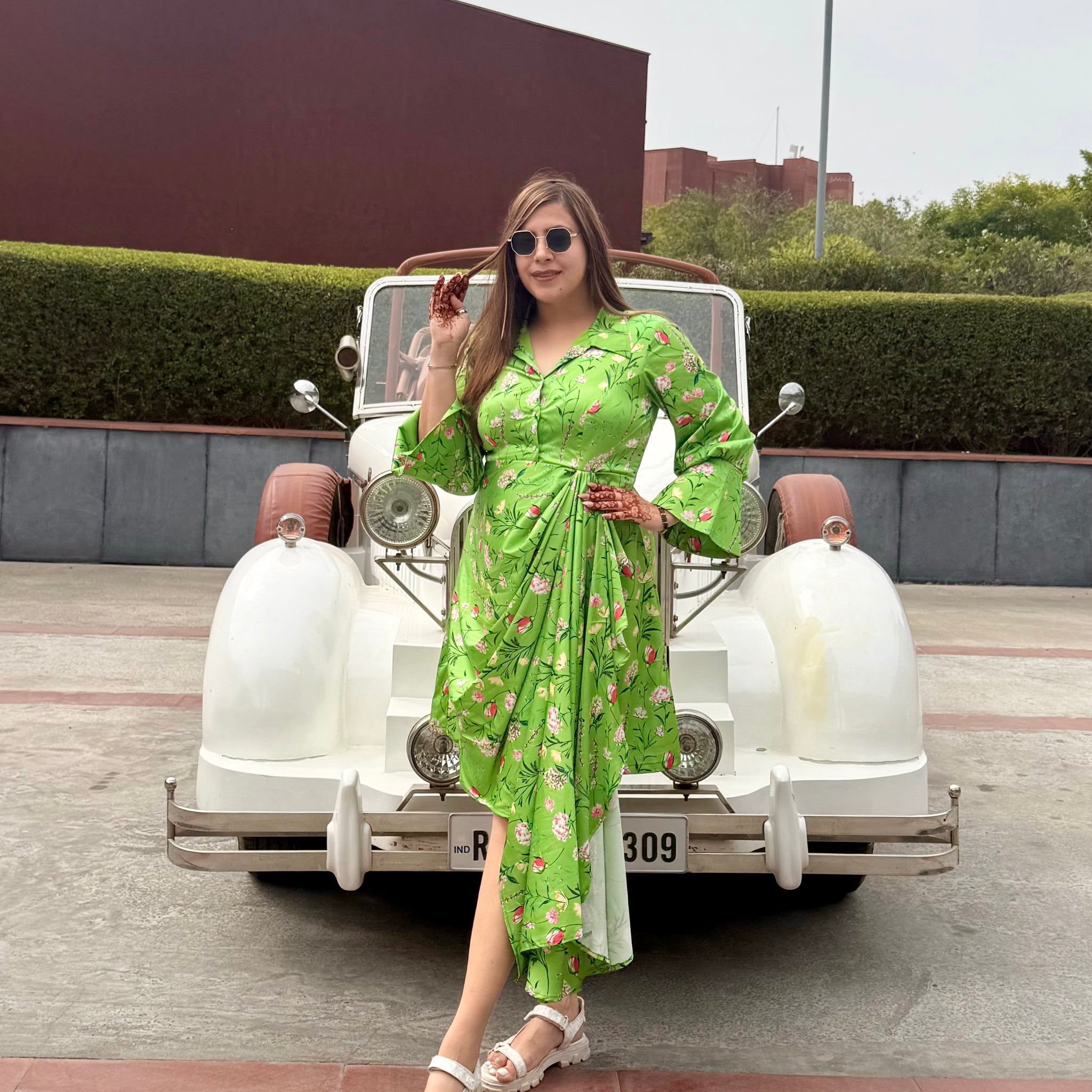 Parrot Green Satin Shirt Dress