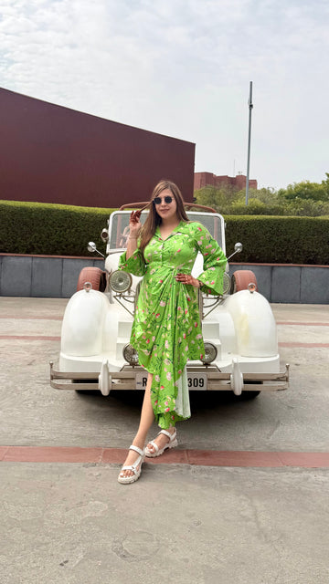 Parrot Green Satin Shirt Dress