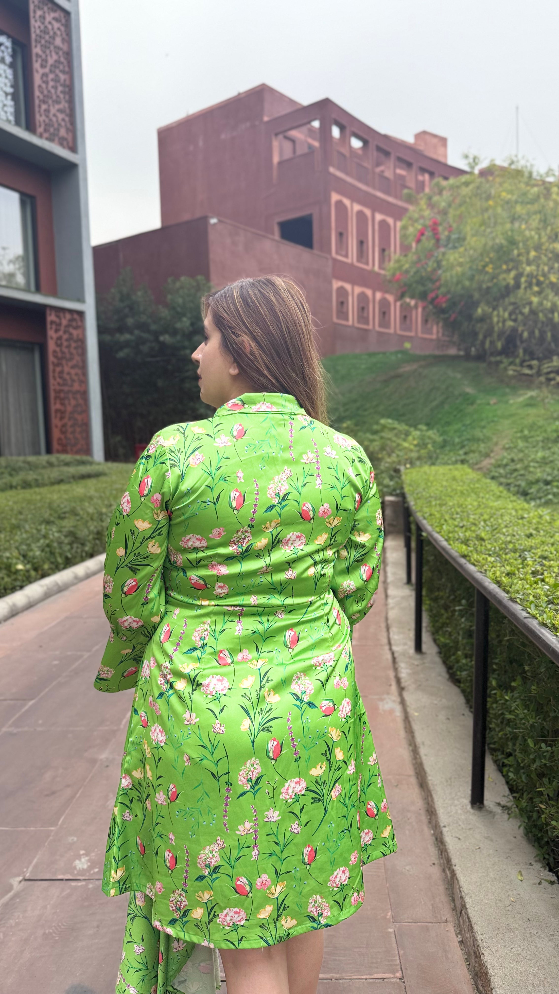 Parrot Green Satin Shirt Dress