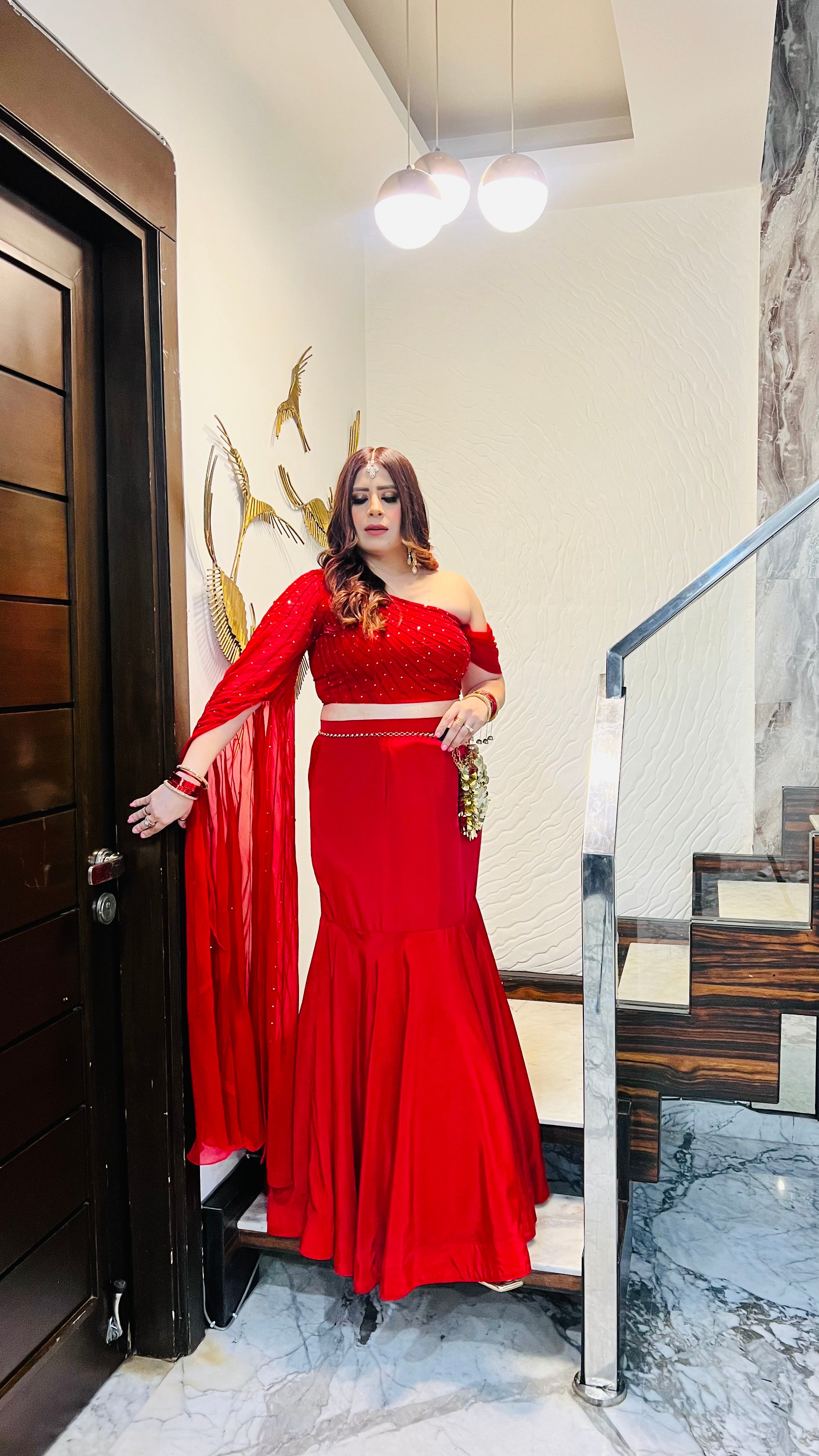 Red-Y Glow Fish Cut Lehenga