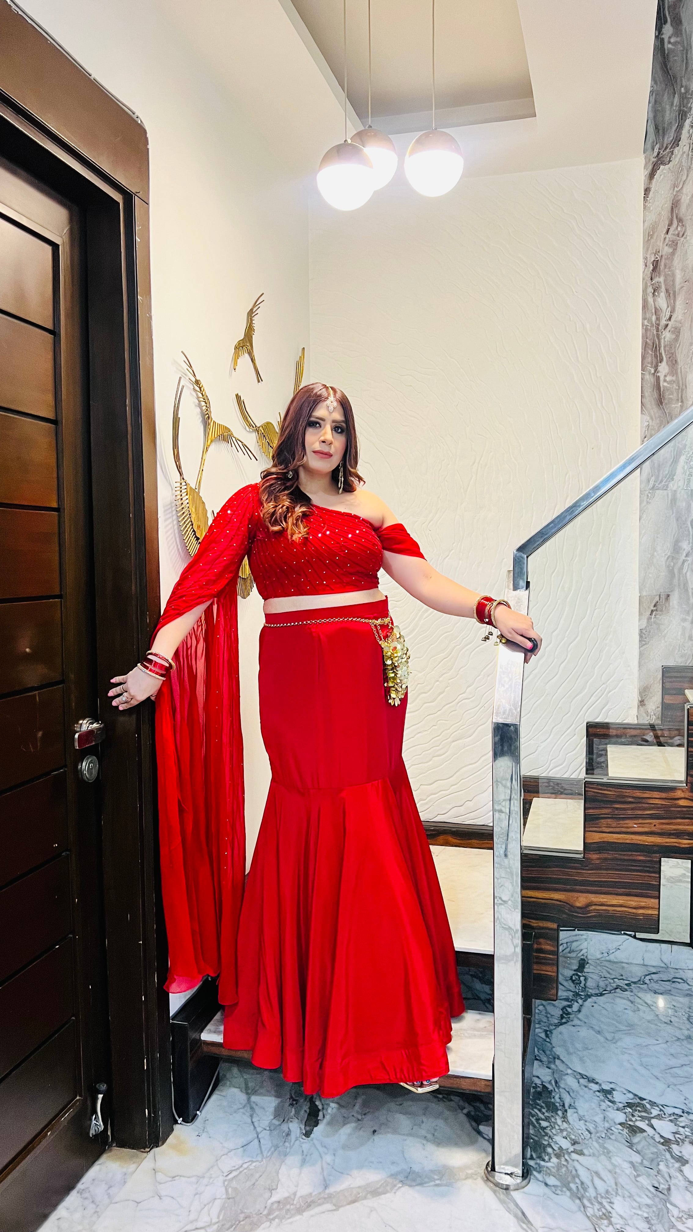 Red-Y Glow Fish Cut Lehenga