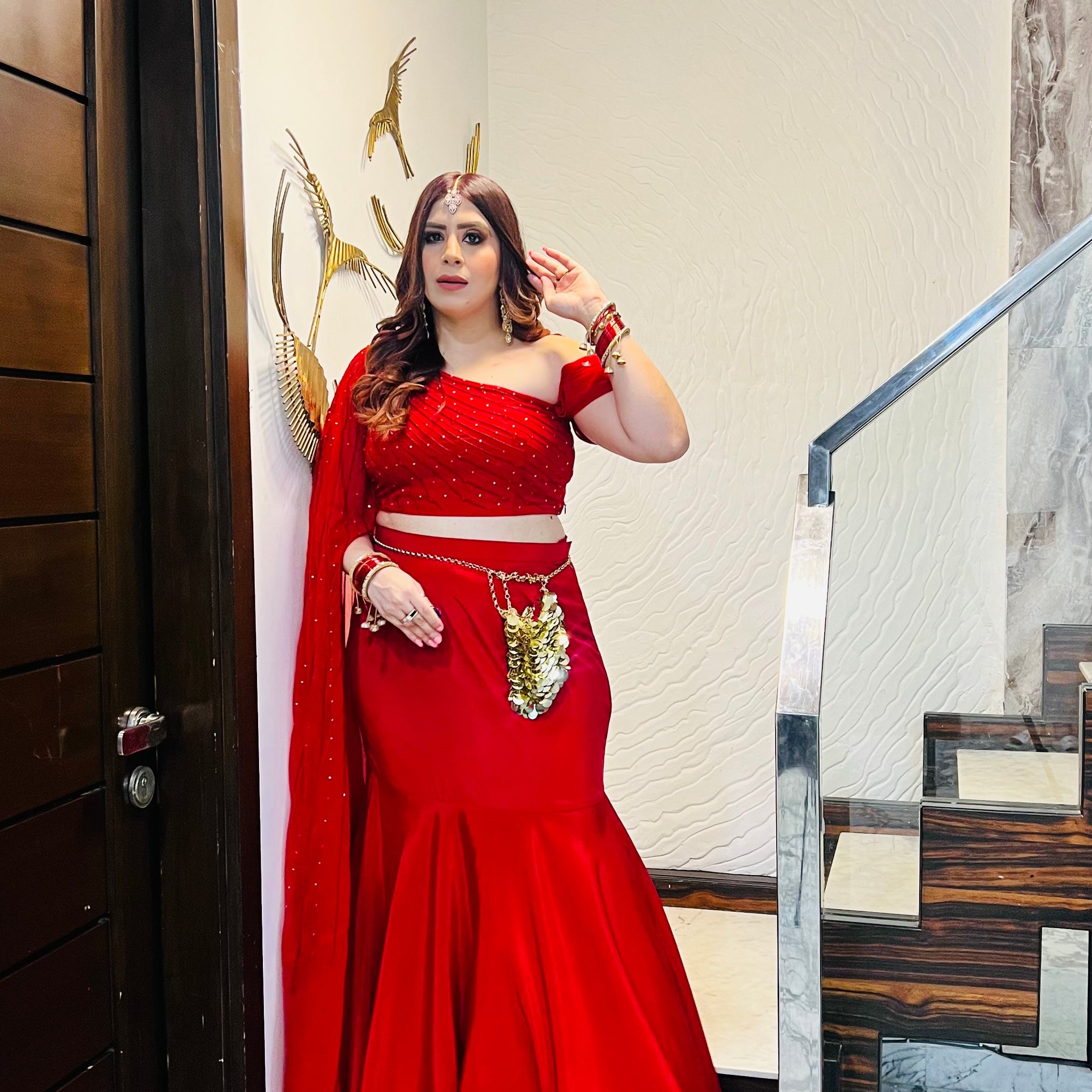 Red-Y Glow Fish Cut Lehenga