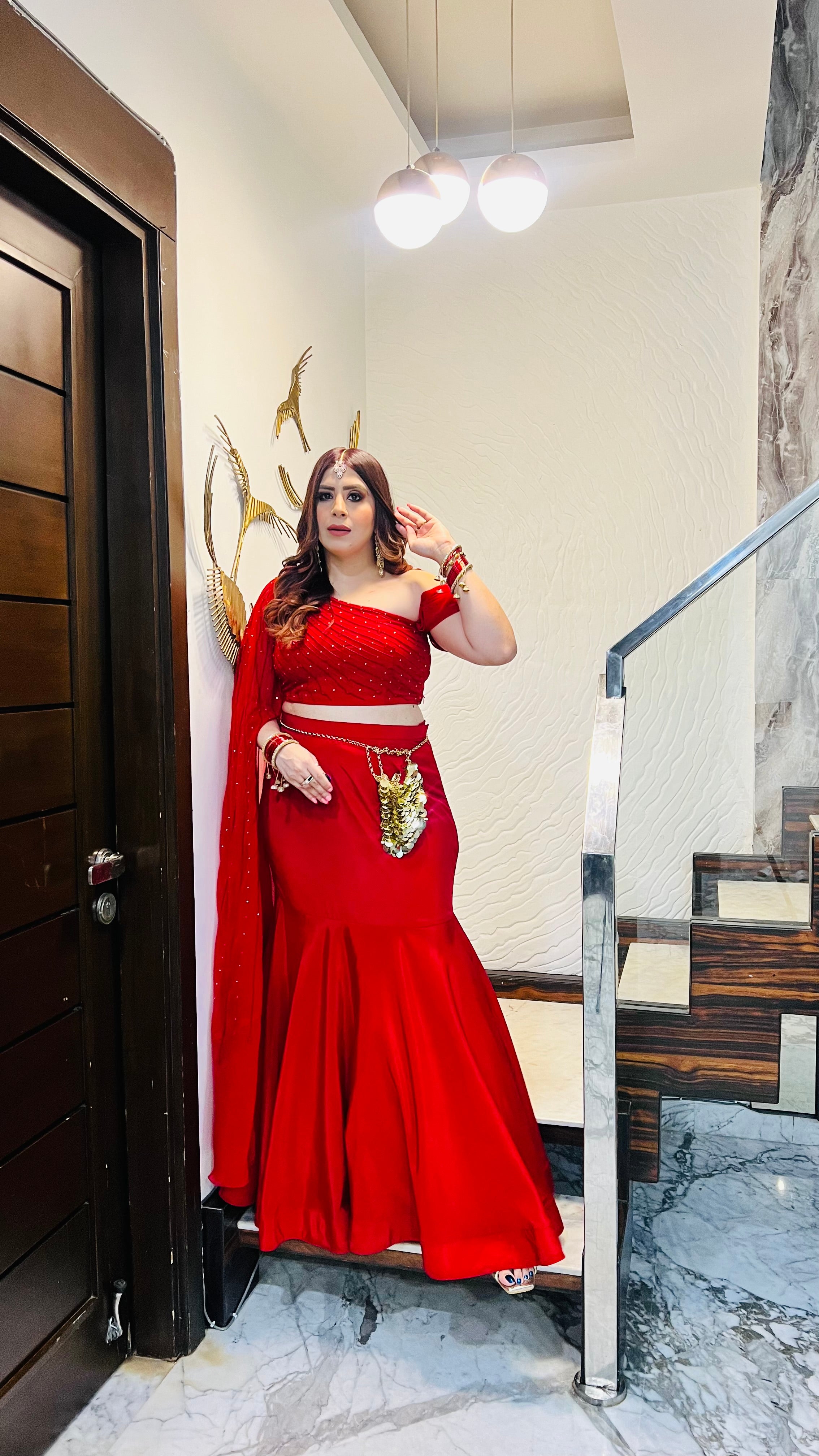 Red-Y Glow Fish Cut Lehenga