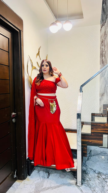 Red-Y Glow Fish Cut Lehenga