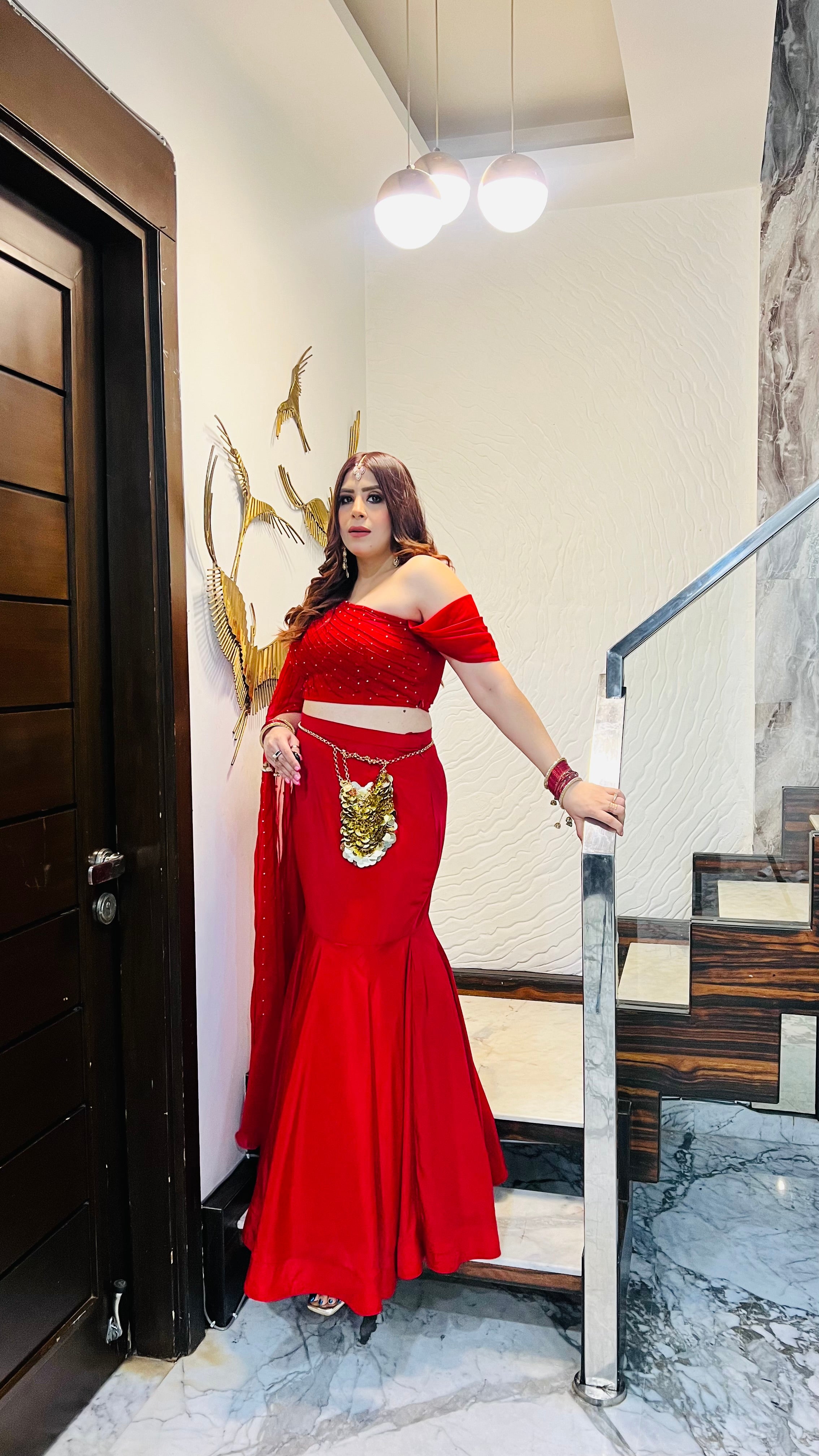 Red-Y Glow Fish Cut Lehenga