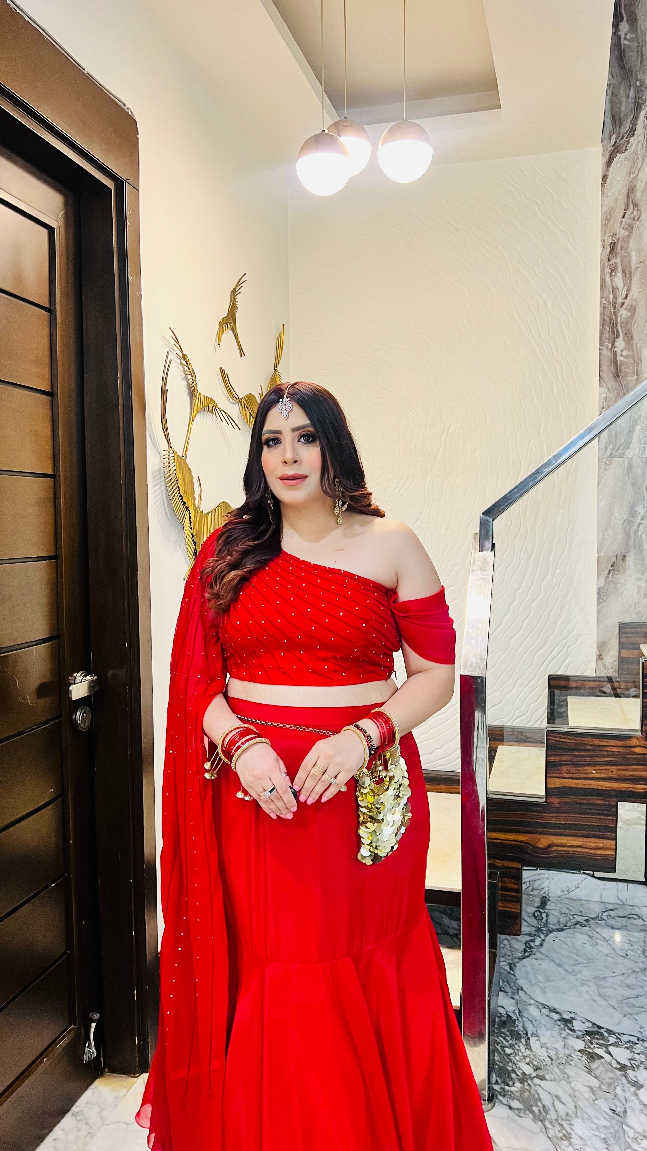 Red-Y Glow Fish Cut Lehenga