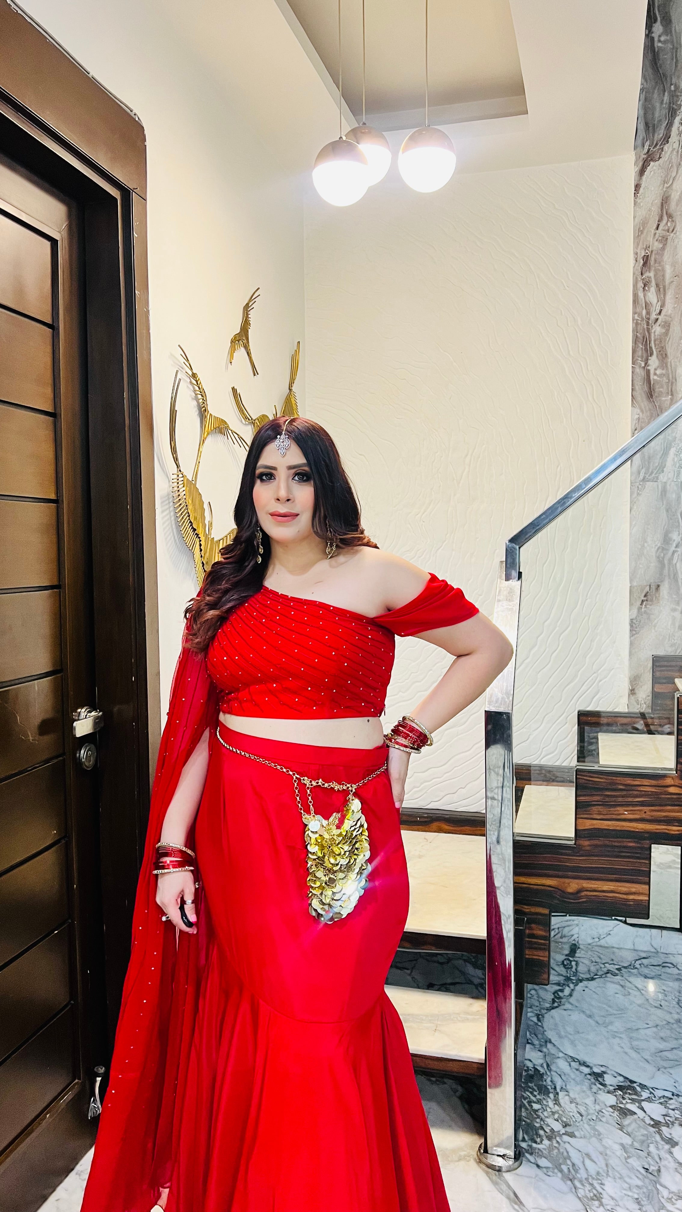 Red-Y Glow Fish Cut Lehenga