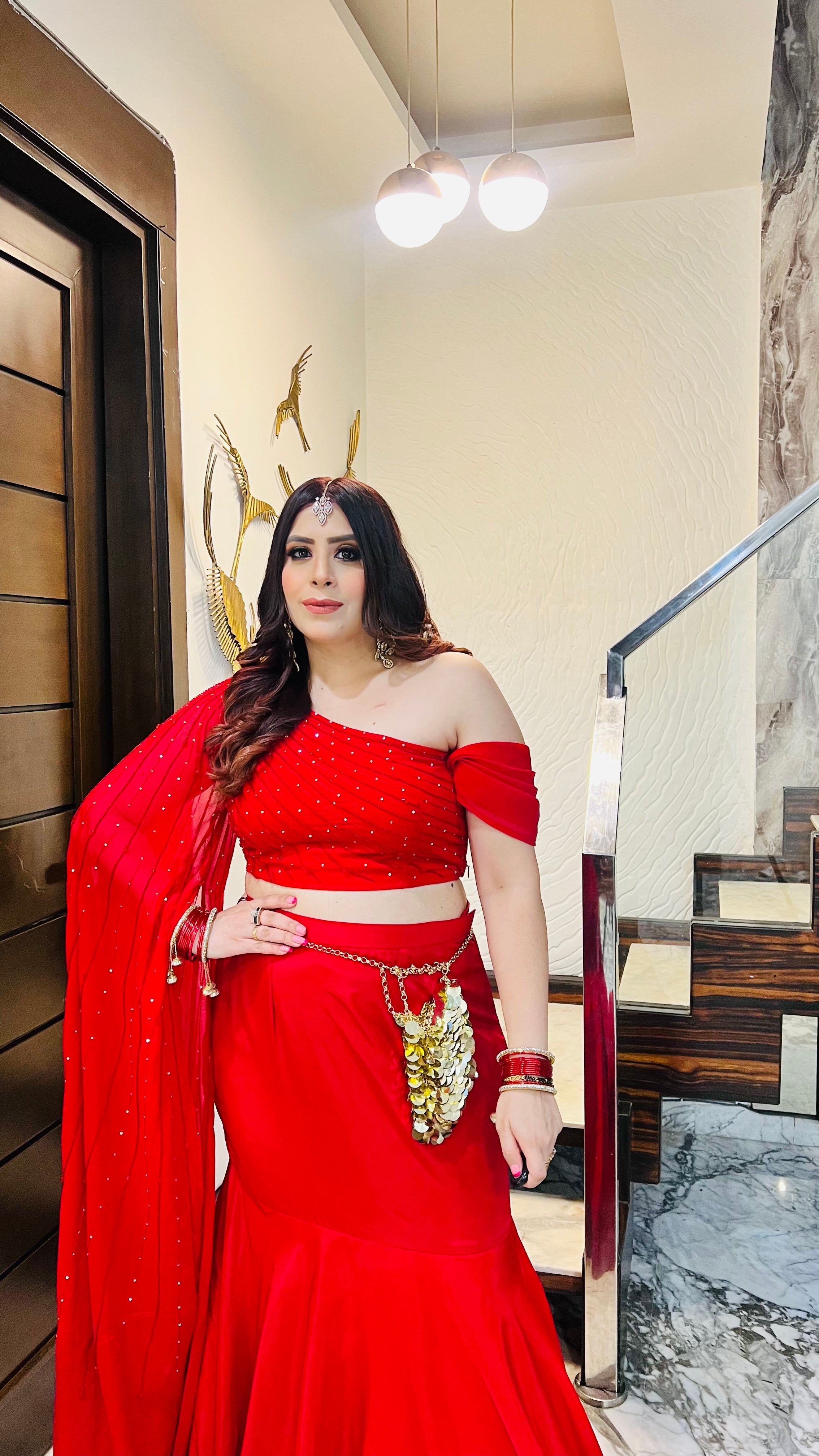 Red-Y Glow Fish Cut Lehenga