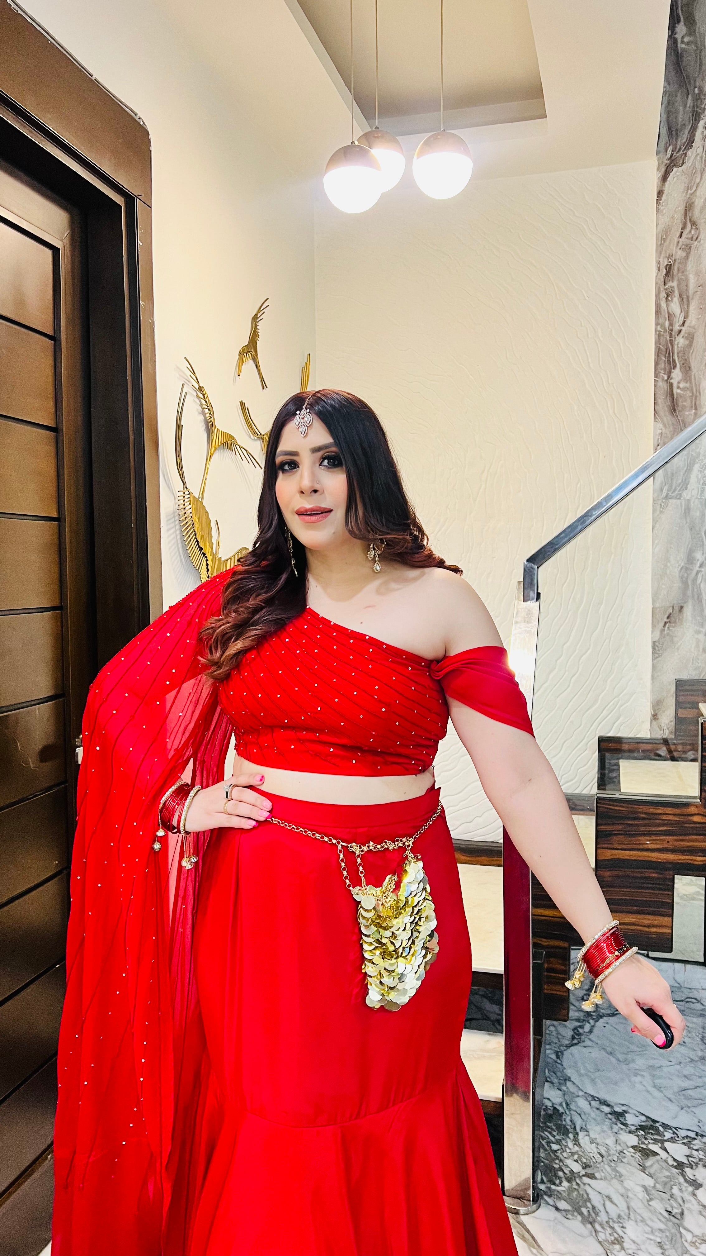 Red-Y Glow Fish Cut Lehenga