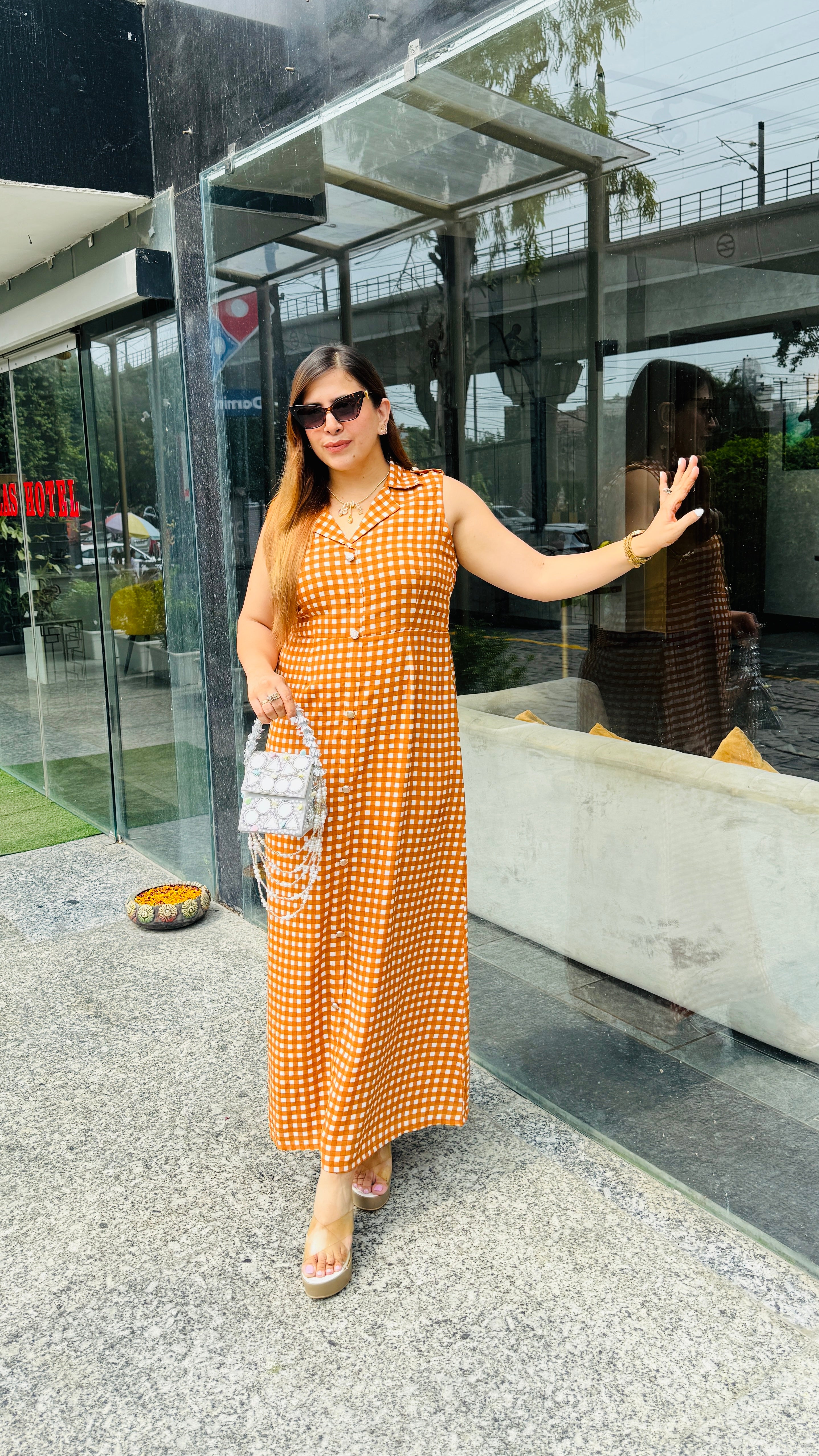 Sunlit Checks Rust Maxi Dress