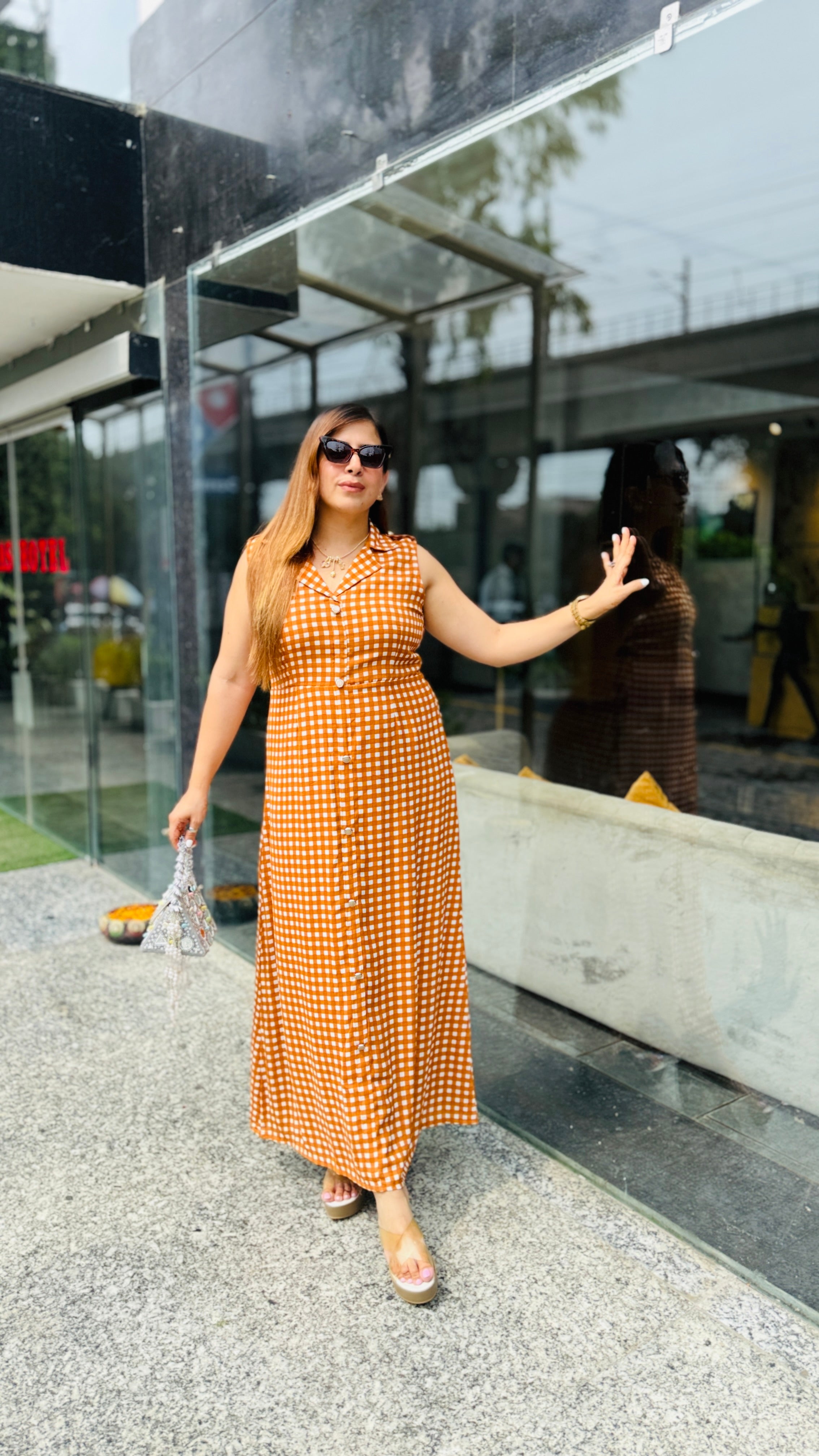 Sunlit Checks Rust Maxi Dress