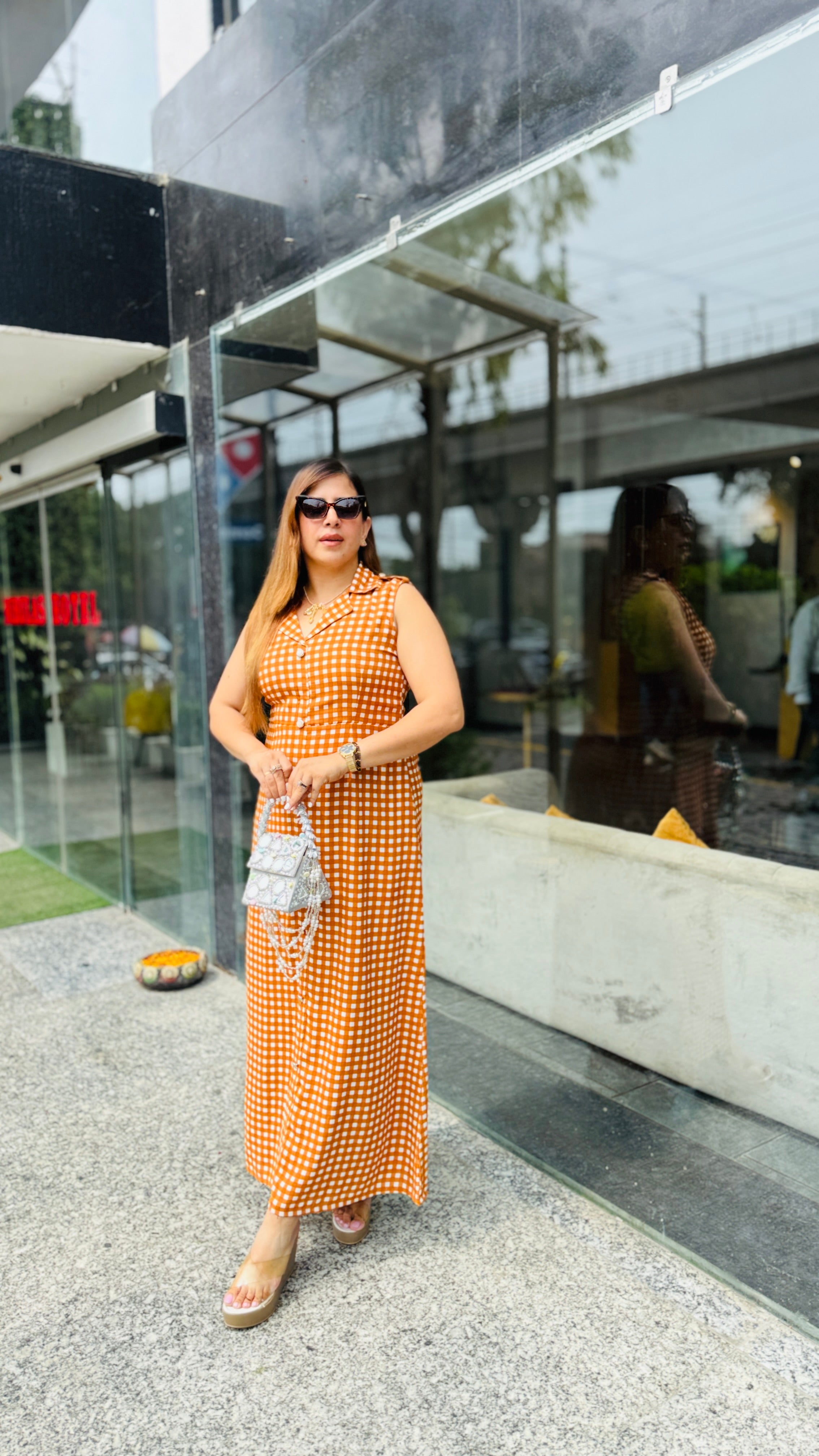Sunlit Checks Rust Maxi Dress