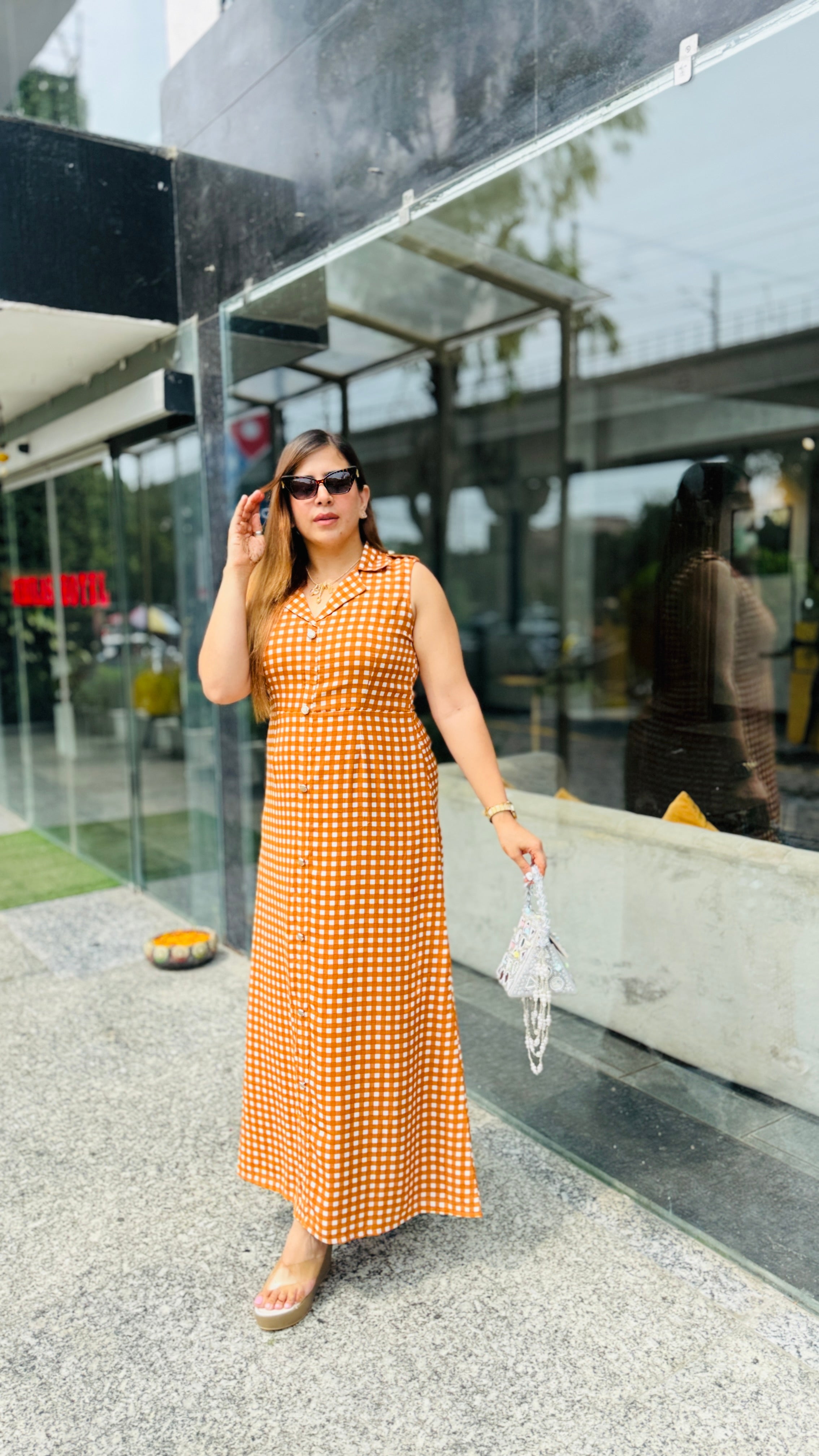 Sunlit Checks Rust Maxi Dress