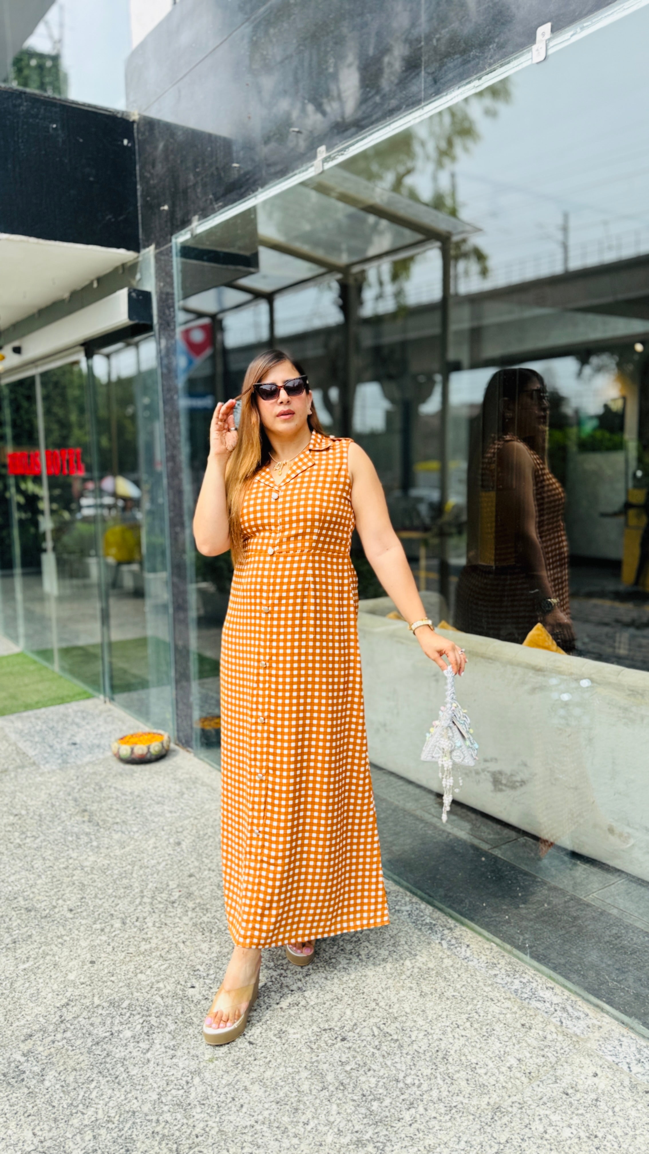 Sunlit Checks Rust Maxi Dress