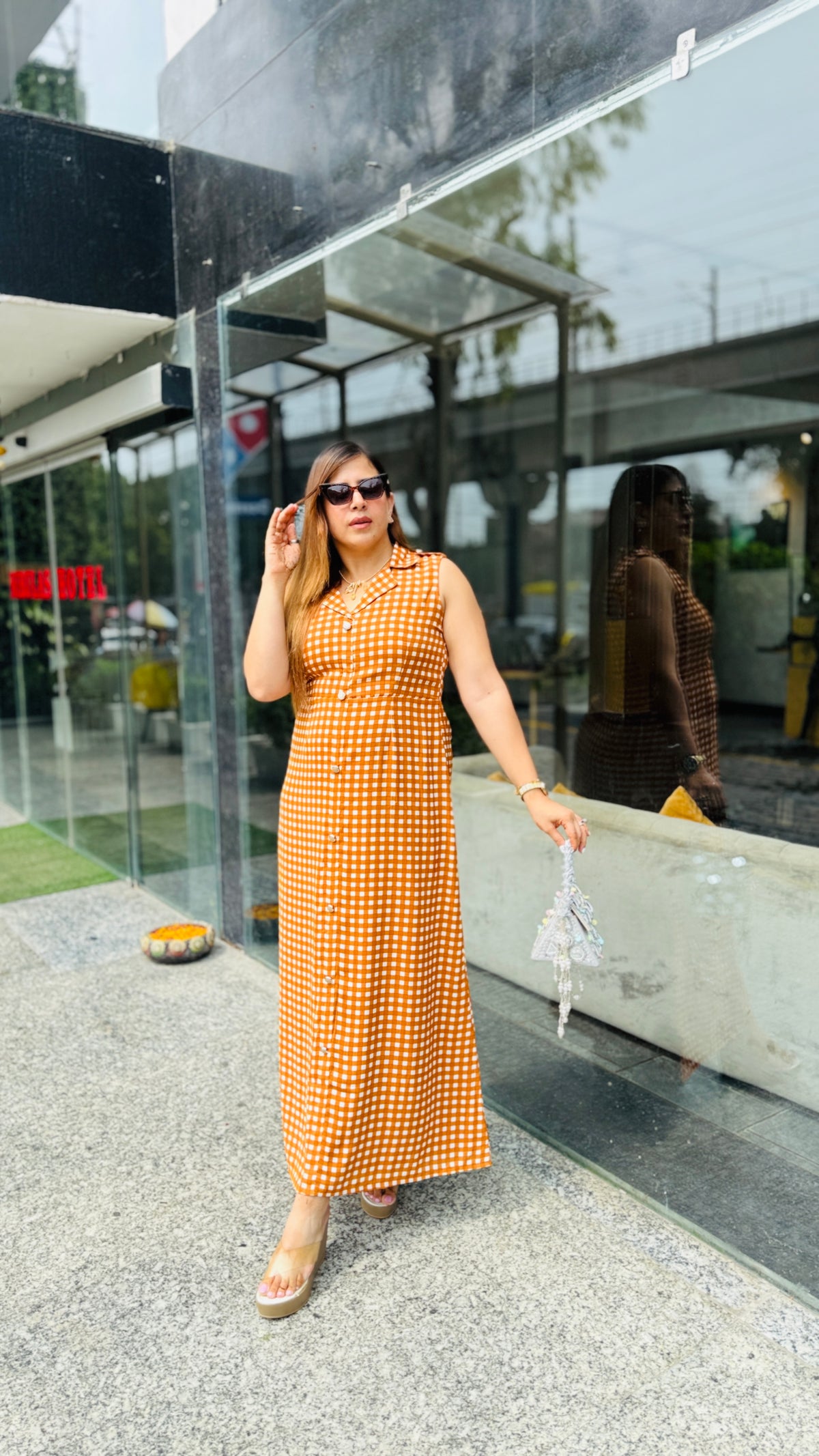Sunlit Checks Rust Maxi Dress