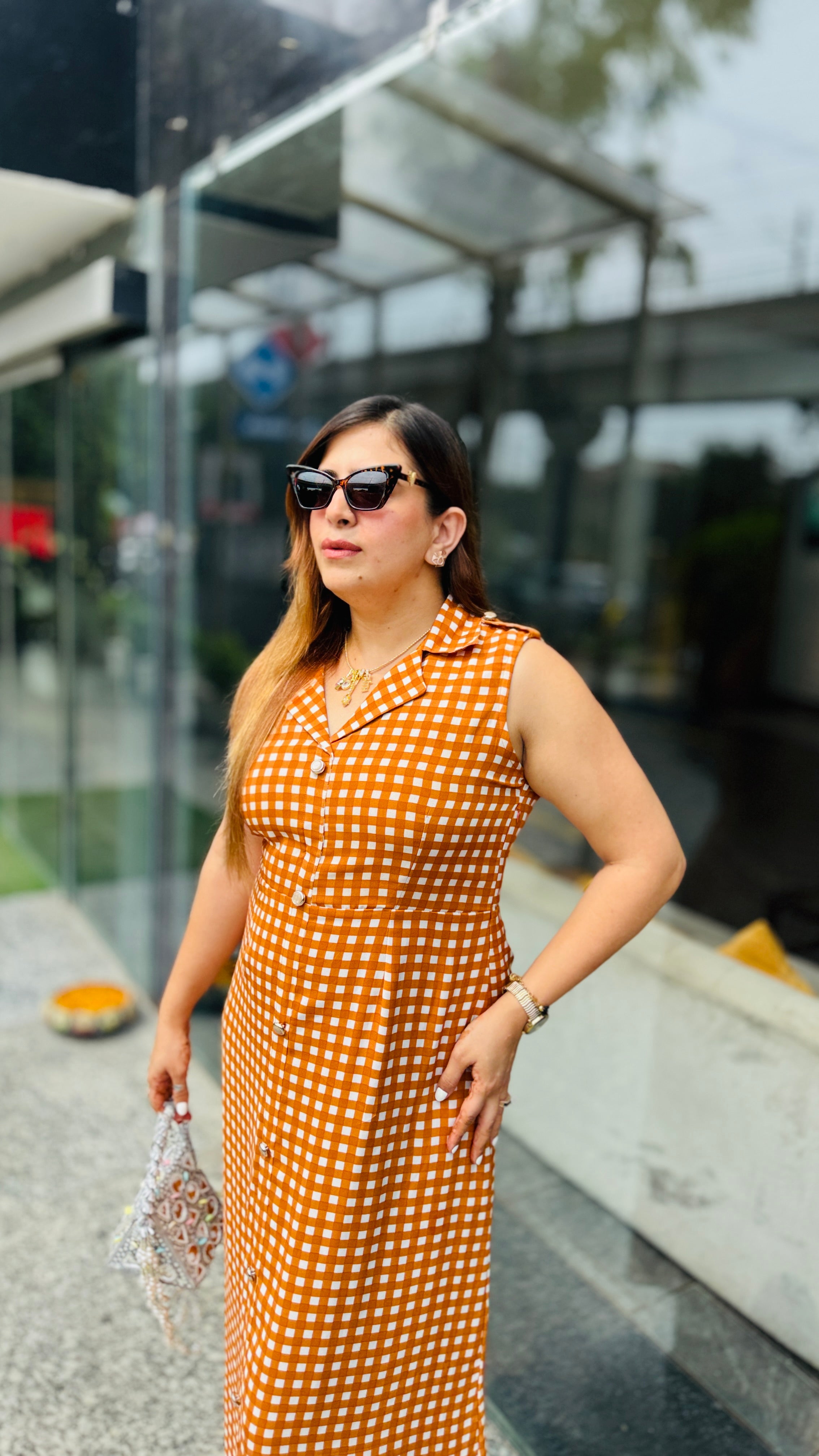 Sunlit Checks Rust Maxi Dress