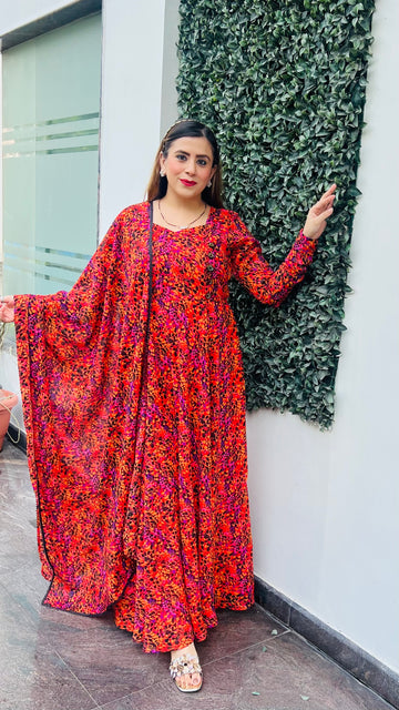 Orange Splash Anarkali with Dupatta