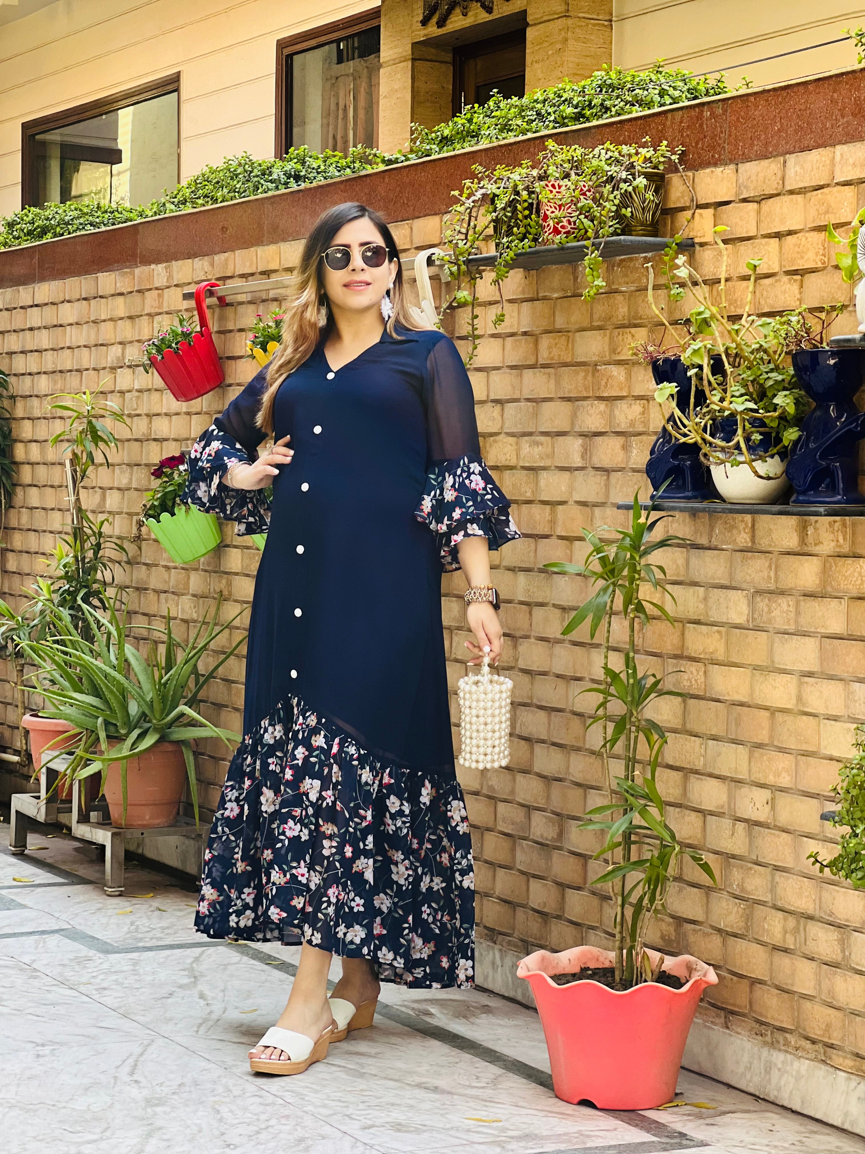 Blue Solid + Floral Maxi Dress