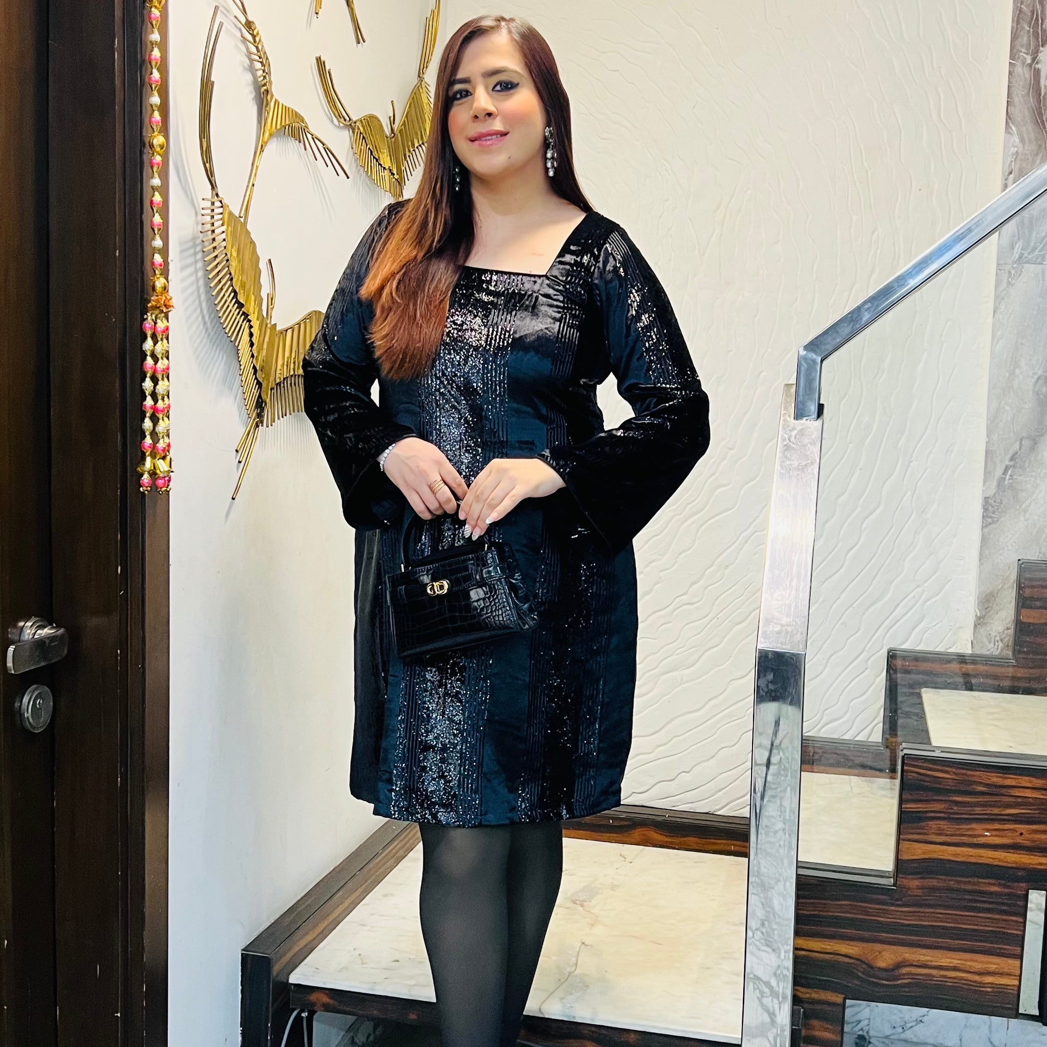 Black Foil Velvet Dress