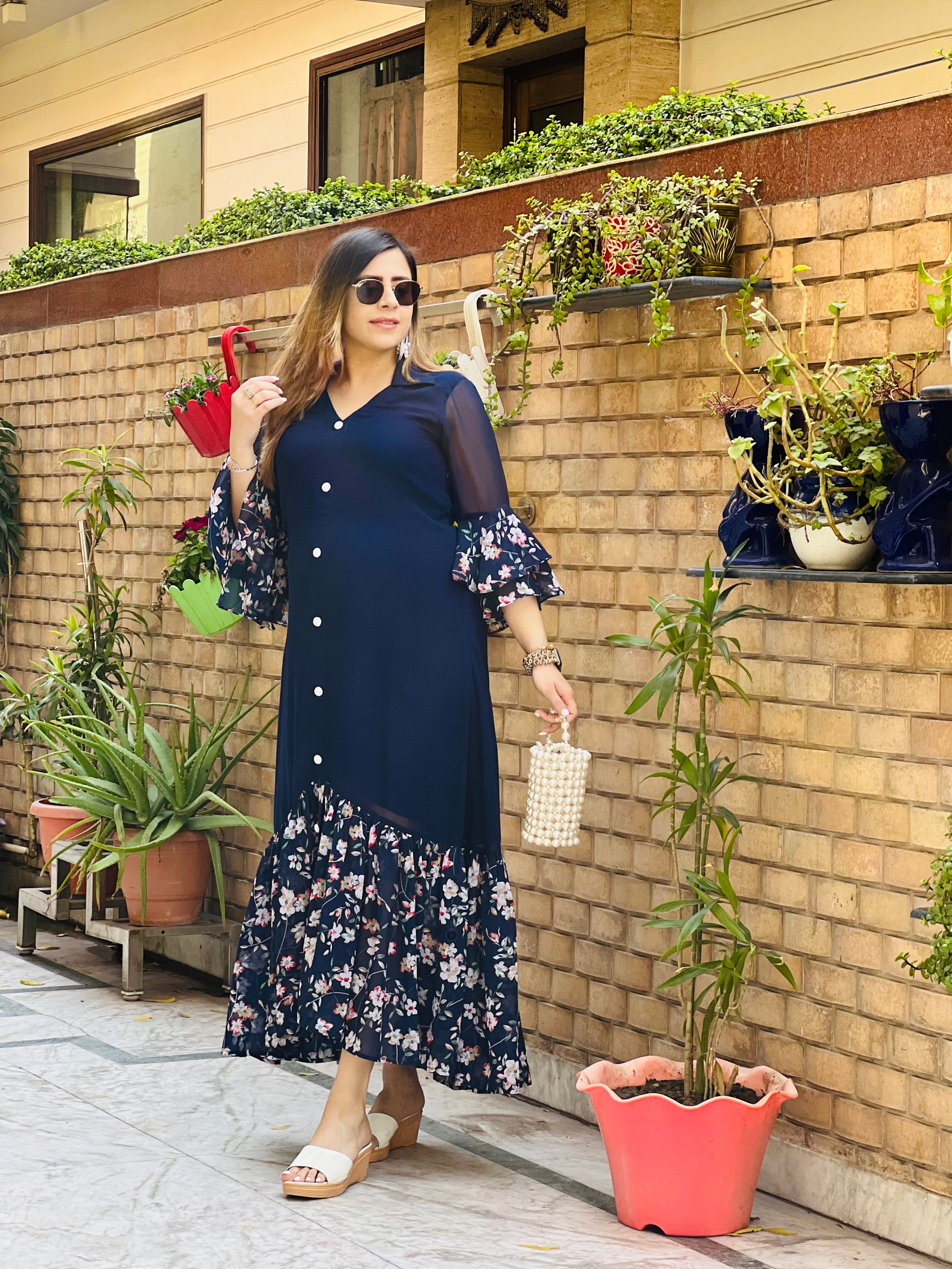 Blue Solid + Floral Maxi Dress
